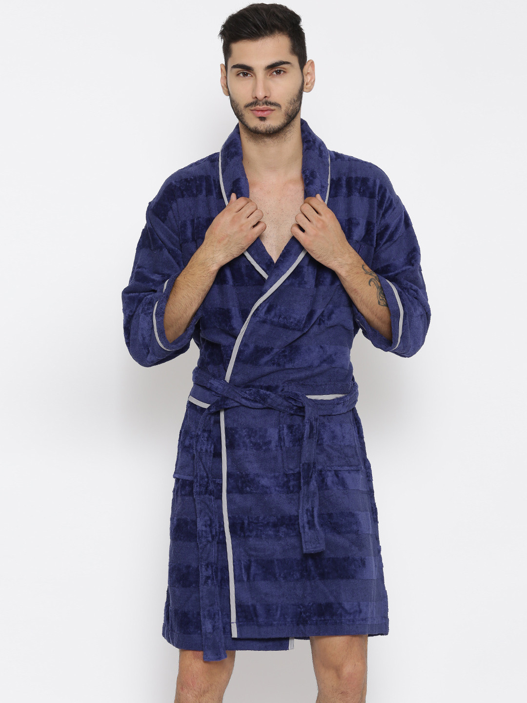 Buy ELLE DECOR Unisex Blue Self Striped Bathrobe Bath Robe for Unisex