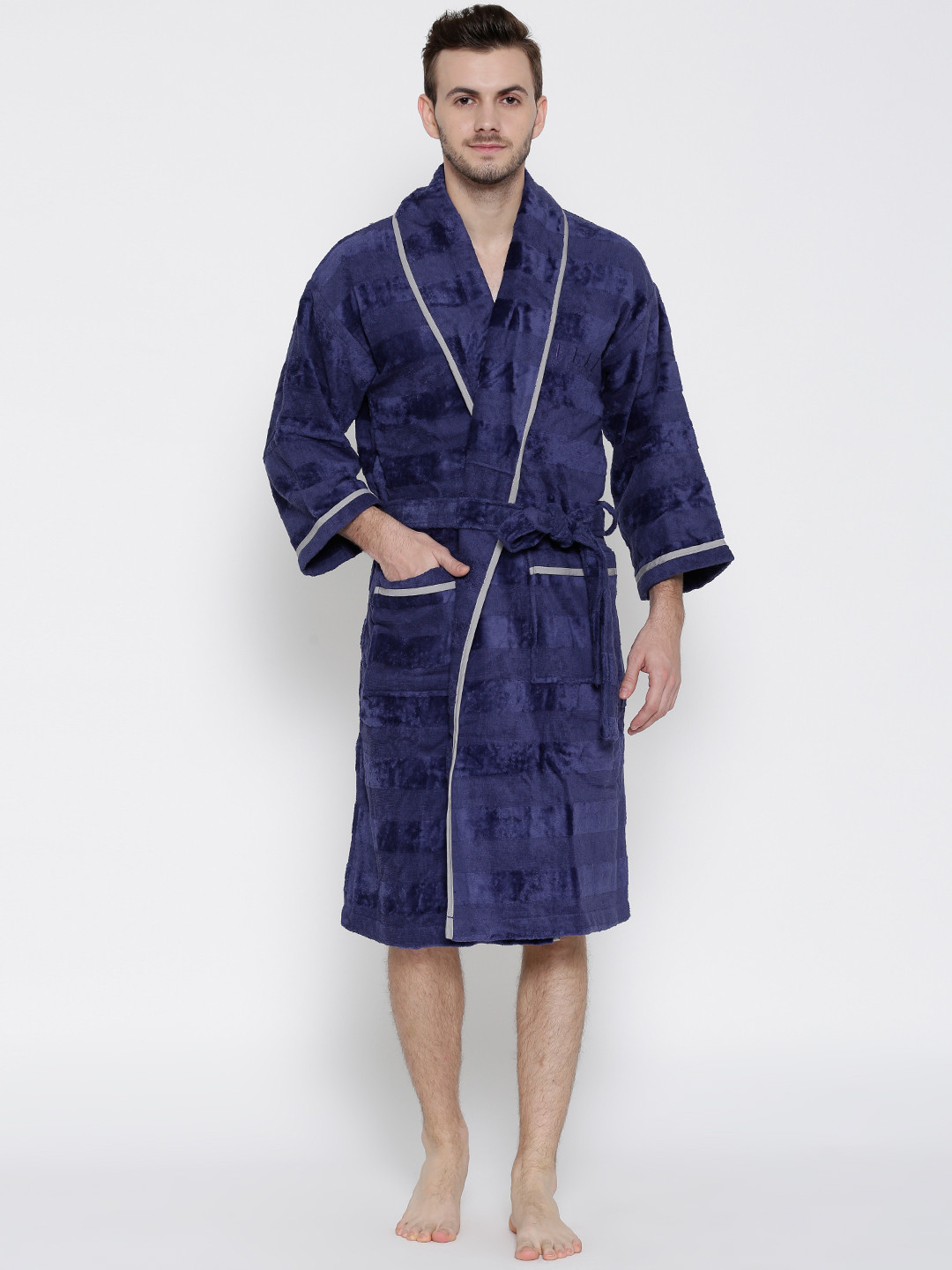 Buy ELLE DECOR Unisex Blue Self Striped Bathrobe Bath Robe for Unisex