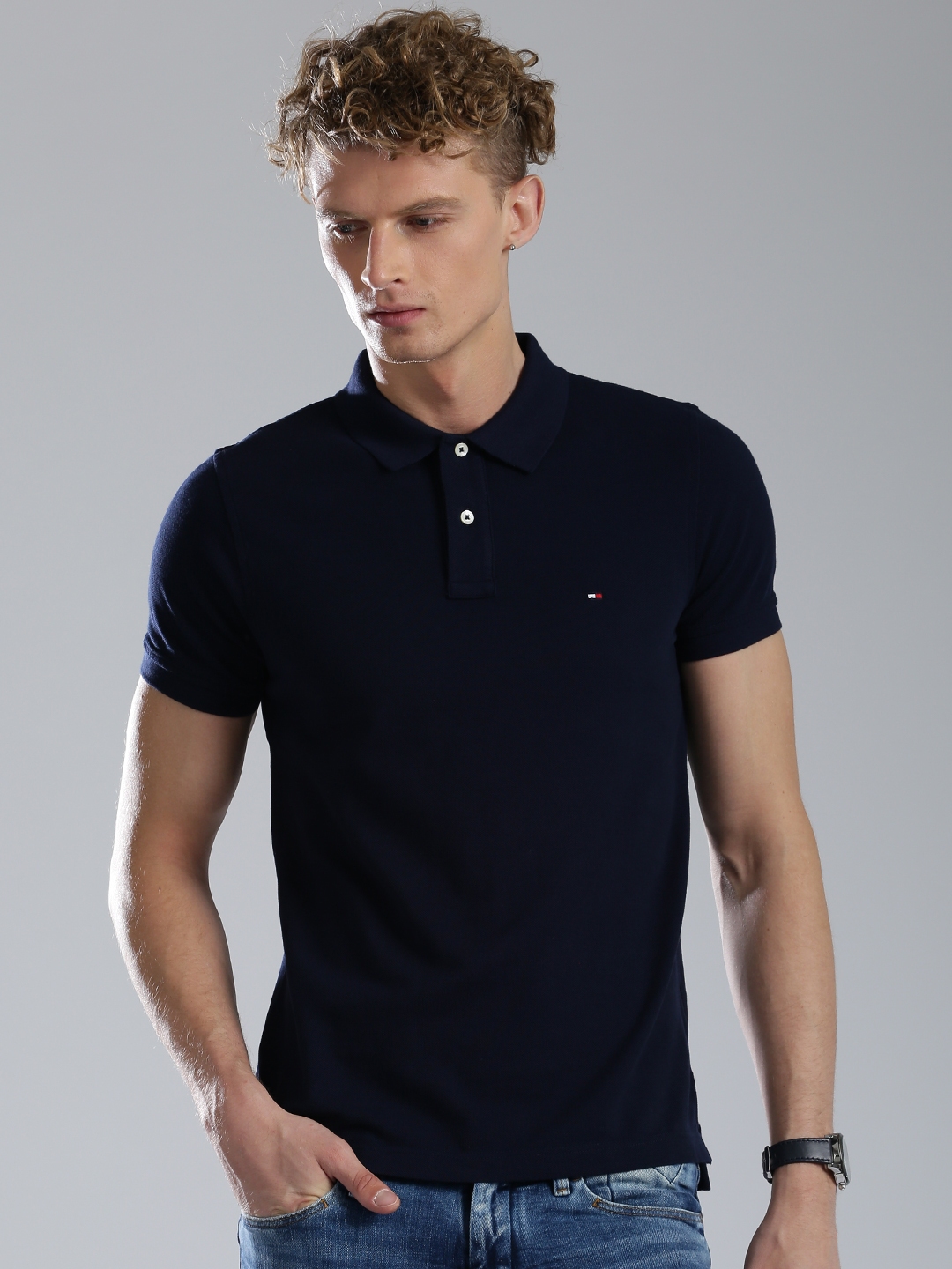 Buy Tommy Hilfiger Men Navy Blue Polo Pure Cotton T Shirt - Tshirts for ...