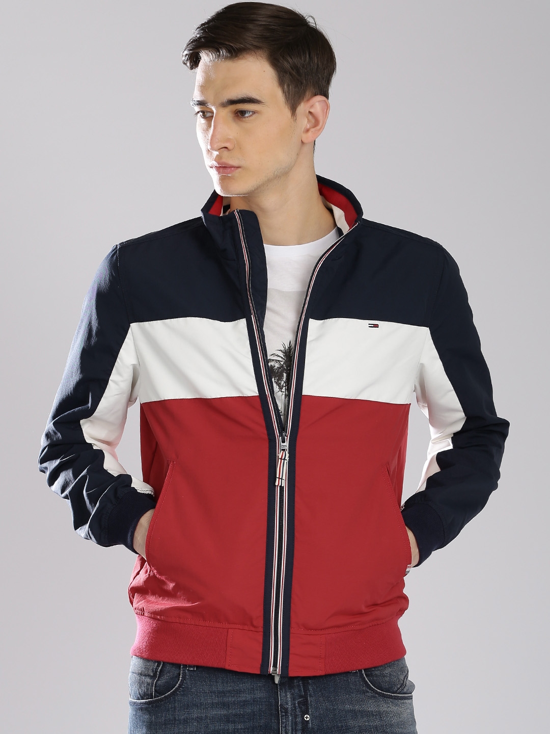 Buy Tommy Hilfiger Men Red & Navy Colourblocked Jacket - Jackets for ...