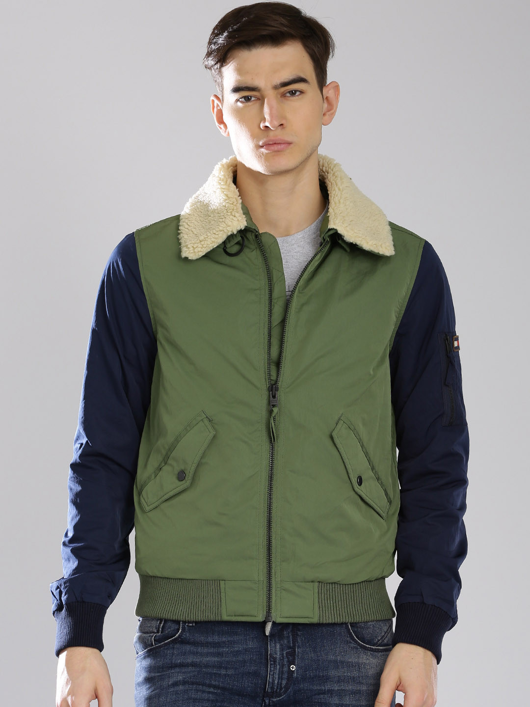 Buy Tommy Hilfiger Olive Green & Navy Colourblocked Jacket - Jackets for Men 1473639 | Myntra