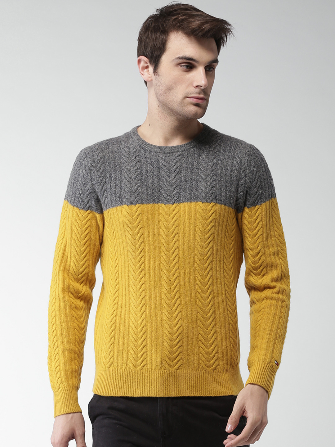 Buy Tommy Hilfiger Men Charcoal & Mustard Yellow Self Design Pullover