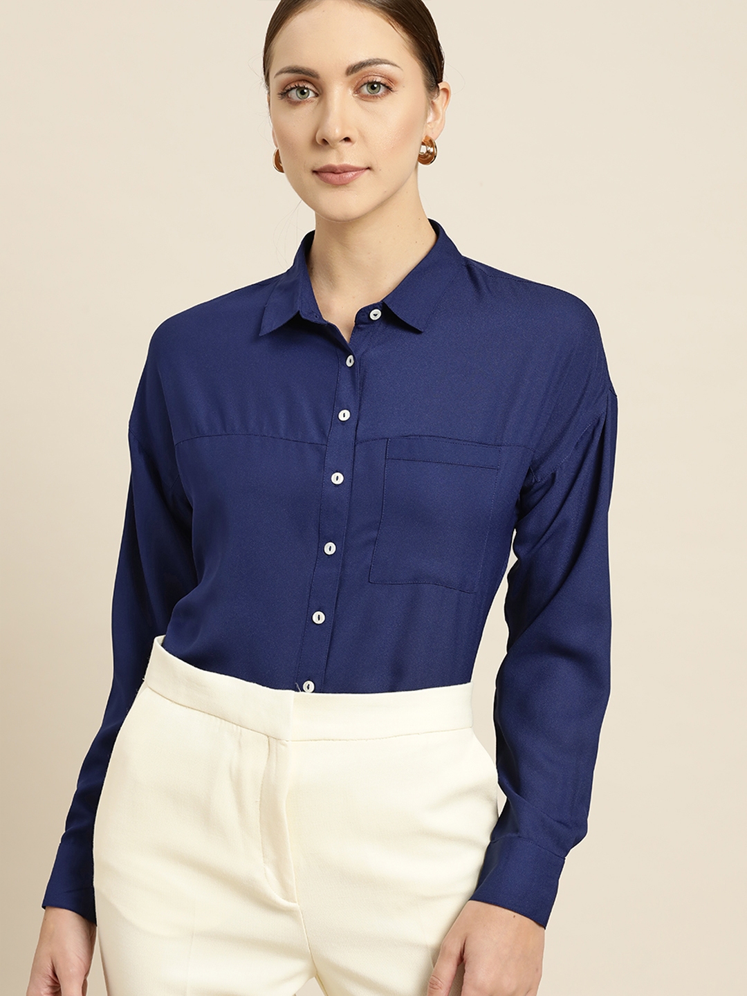 Buy Her By Invictus Women Navy Blue Drop Shoulder Sleeves Solid Formal Buy Her By Invictus Women Navy Blue Drop Shoulder Sleeves Solid Formal