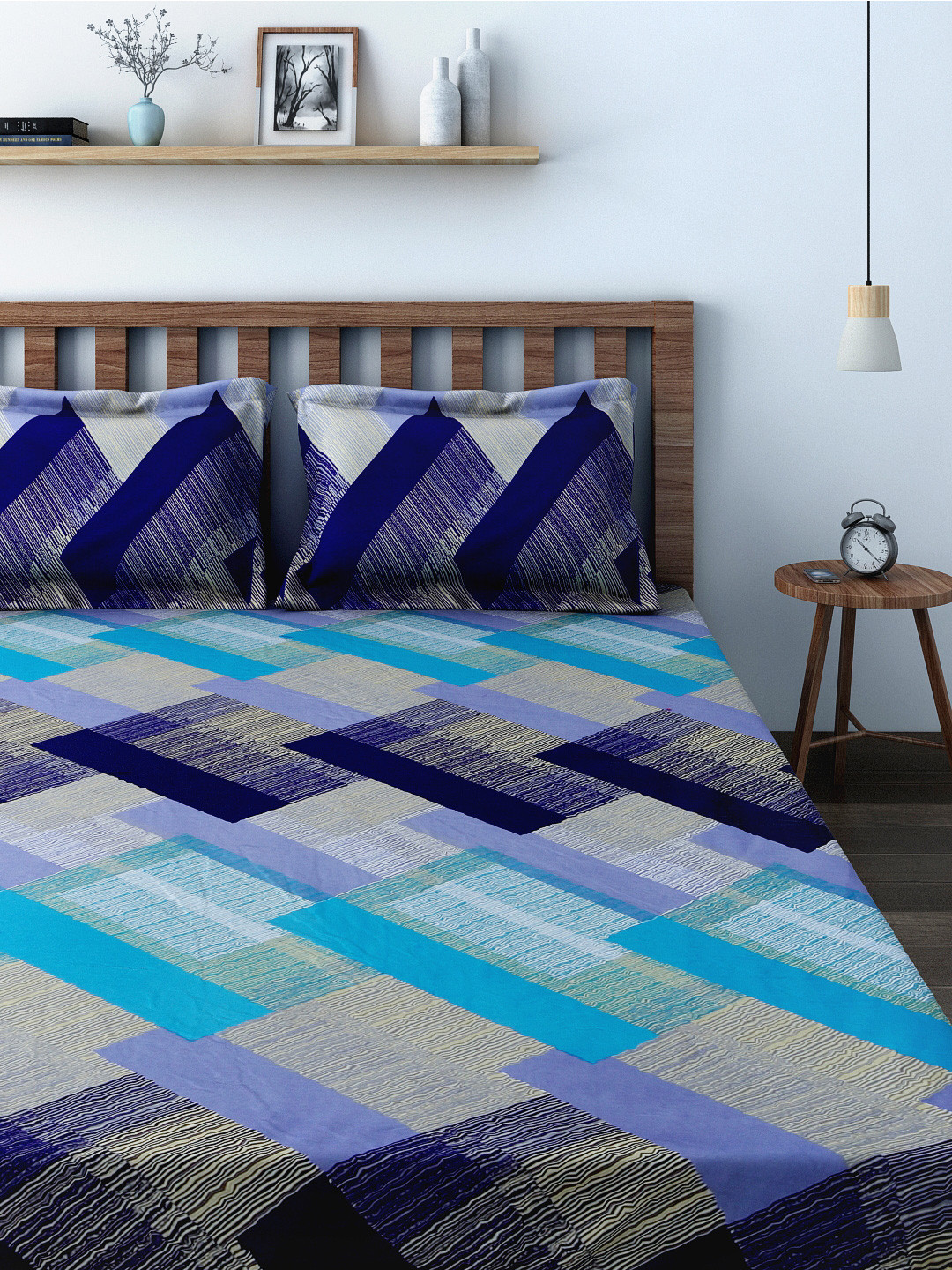 Buy SWAYAM Blue & Grey 240 TC Fine Cotton Double Fitted Bedsheet With 2 Pillow Covers