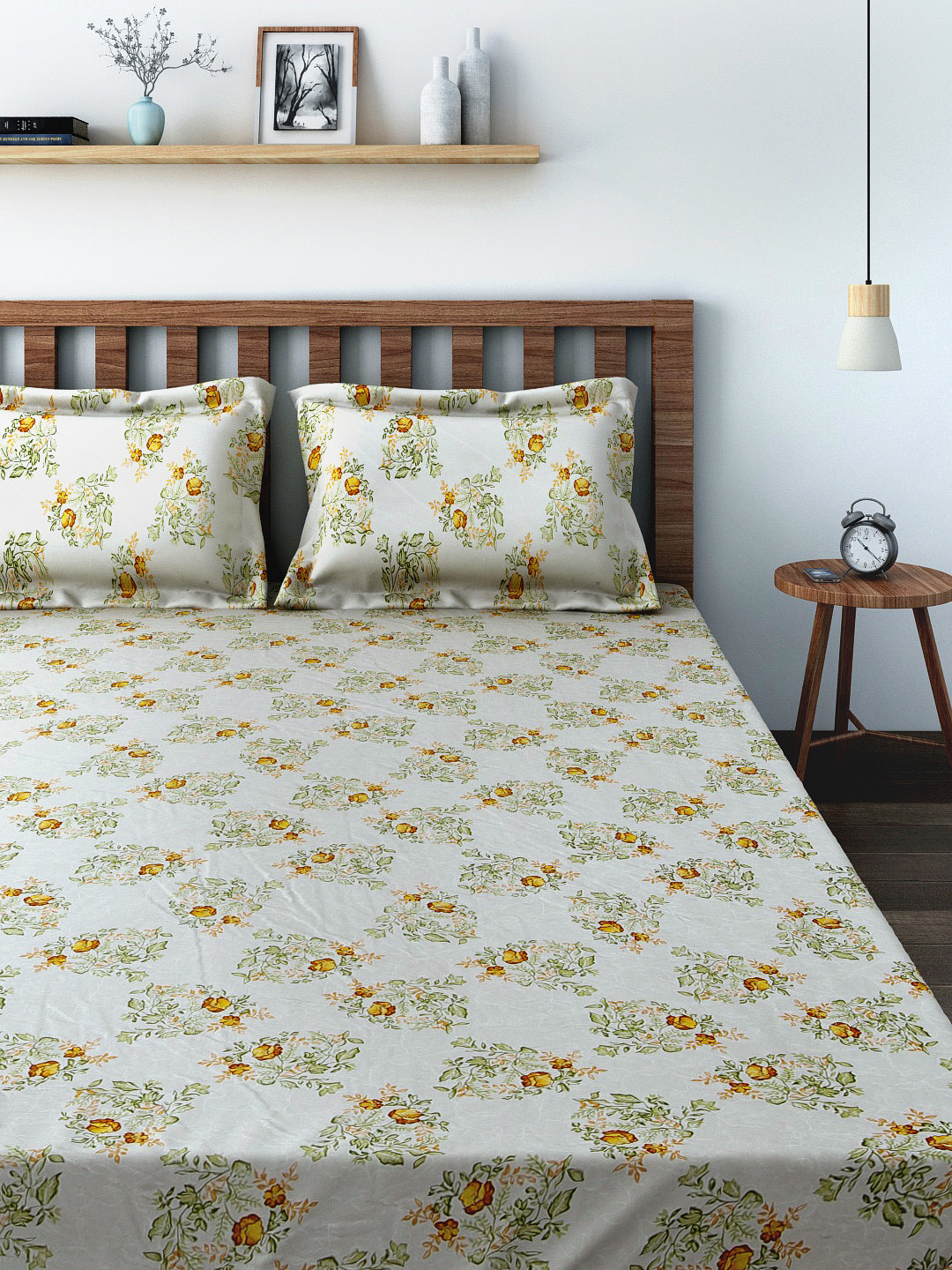 Buy SWAYAM Off White Floral Print 180 TC Cotton Double Bedsheet With 2 Pillow Covers Bedsheets
