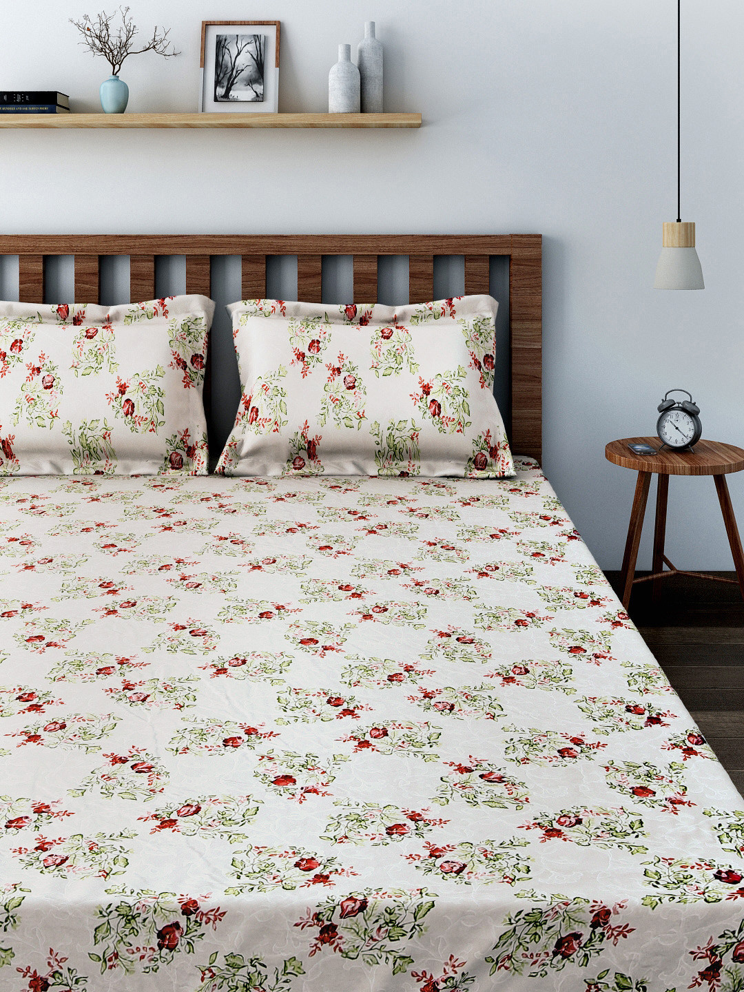 Buy SWAYAM Off White Floral Print 180 TC Cotton Double Bedsheet With 2 Pillow Covers Bedsheets