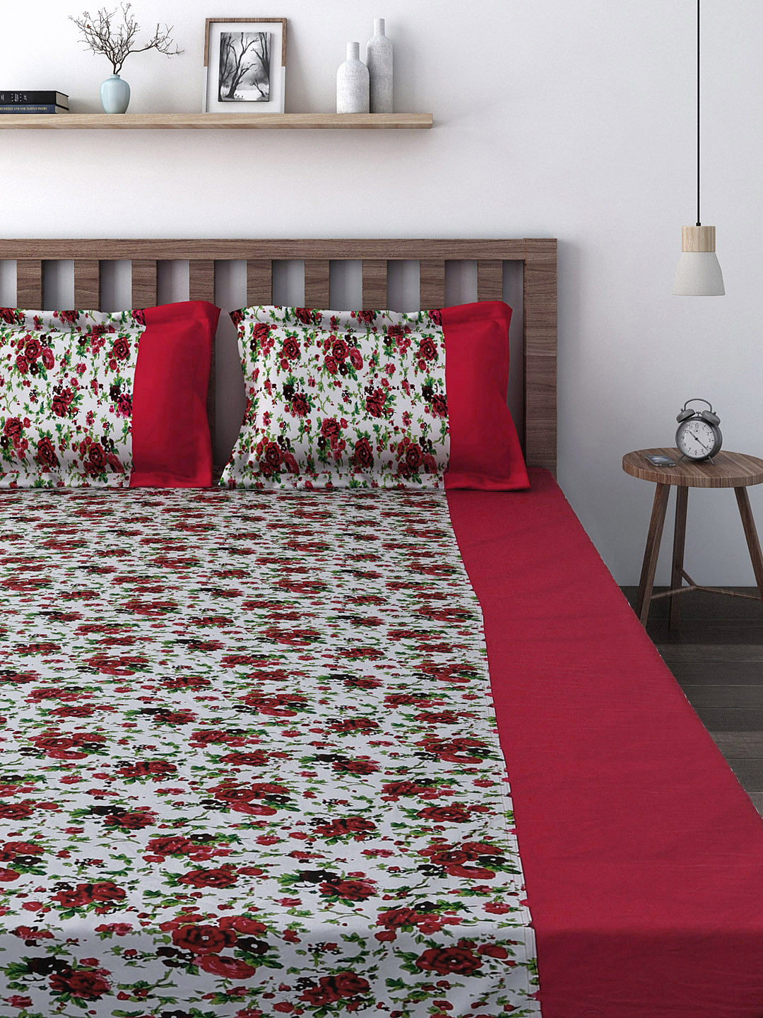 Buy SWAYAM Red & White 180 TC Cotton Double Fitted Bedsheet With 2