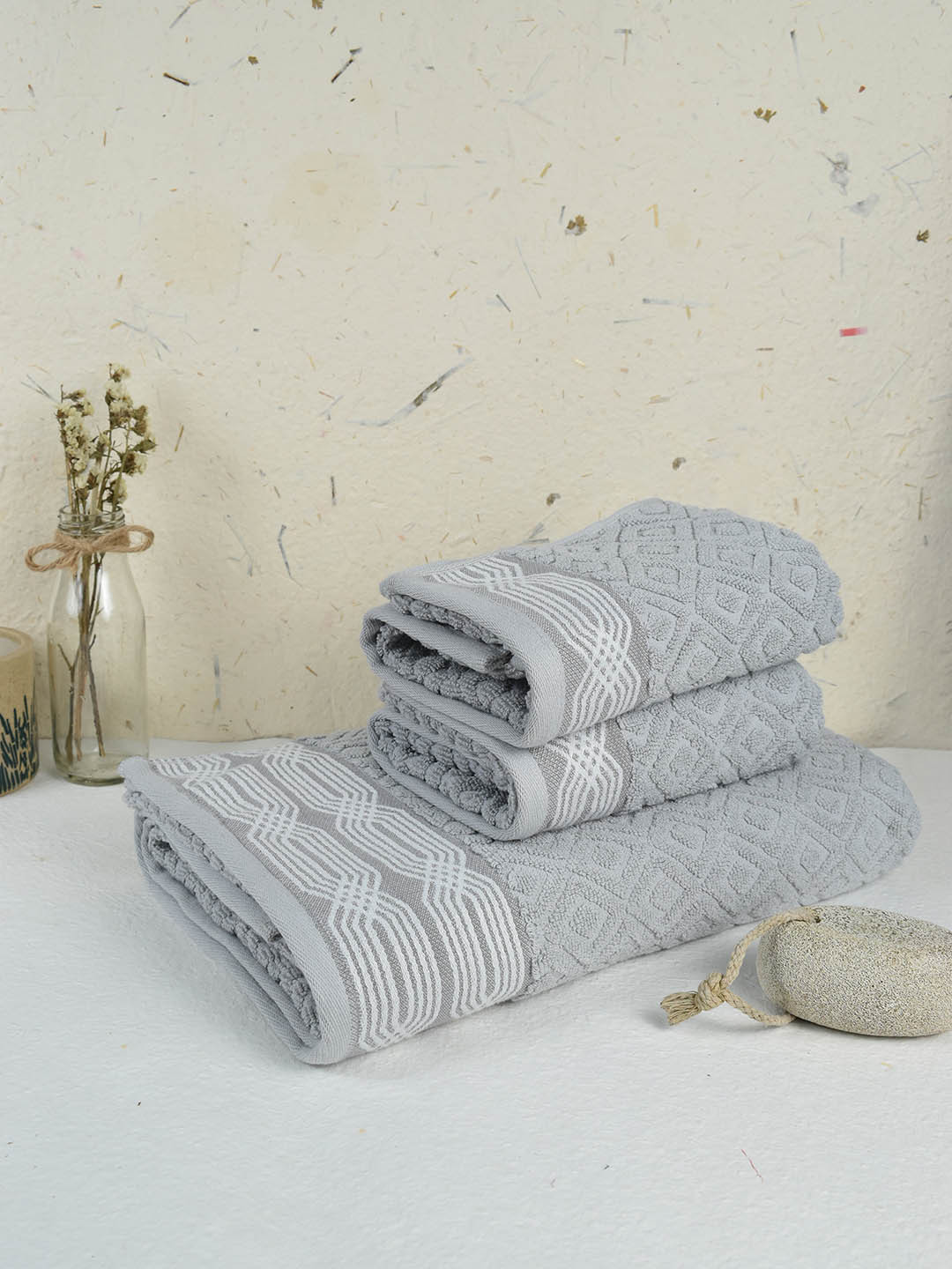 Buy RANGOLI Set Of 3 Grey Self Design 500 GSM Pure Cotton Towels Towel Set for Unisex 14740936