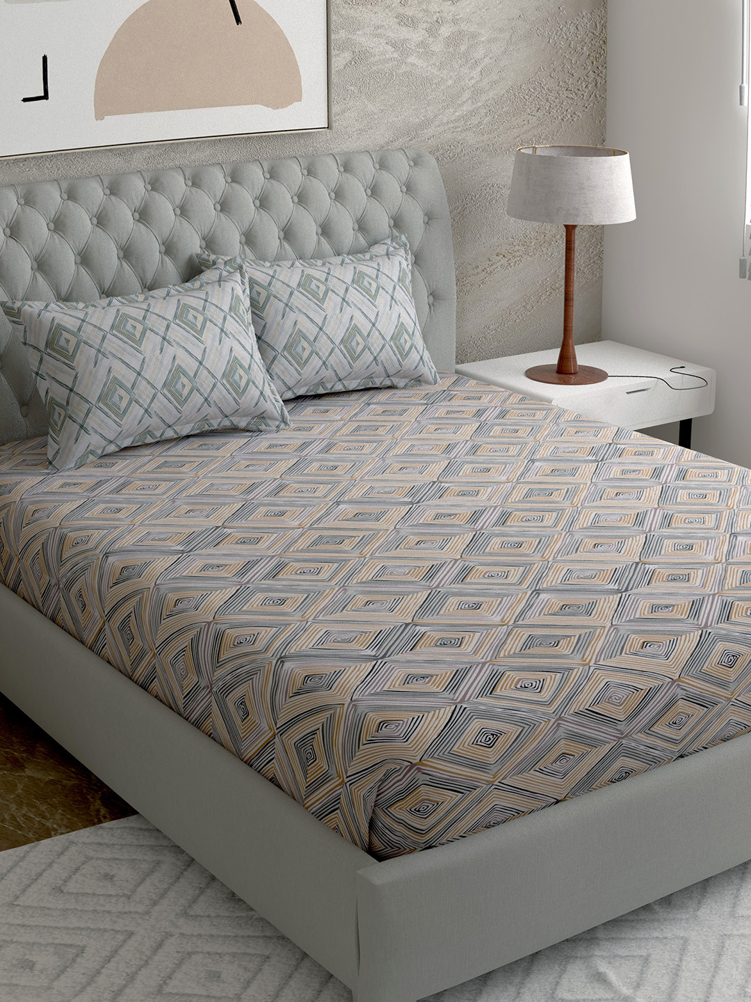 Buy EverHOME Grey & White Geometric 144 TC Queen Bedsheet With 2 Pillow