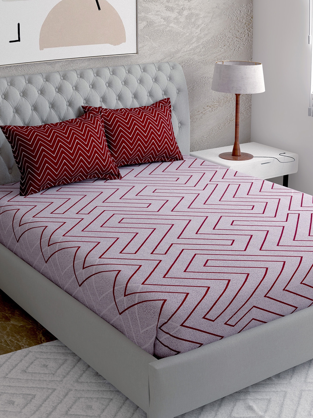 Buy EverHOME Lavender & Maroon Geometric 144 TC Queen Bedsheet With 2