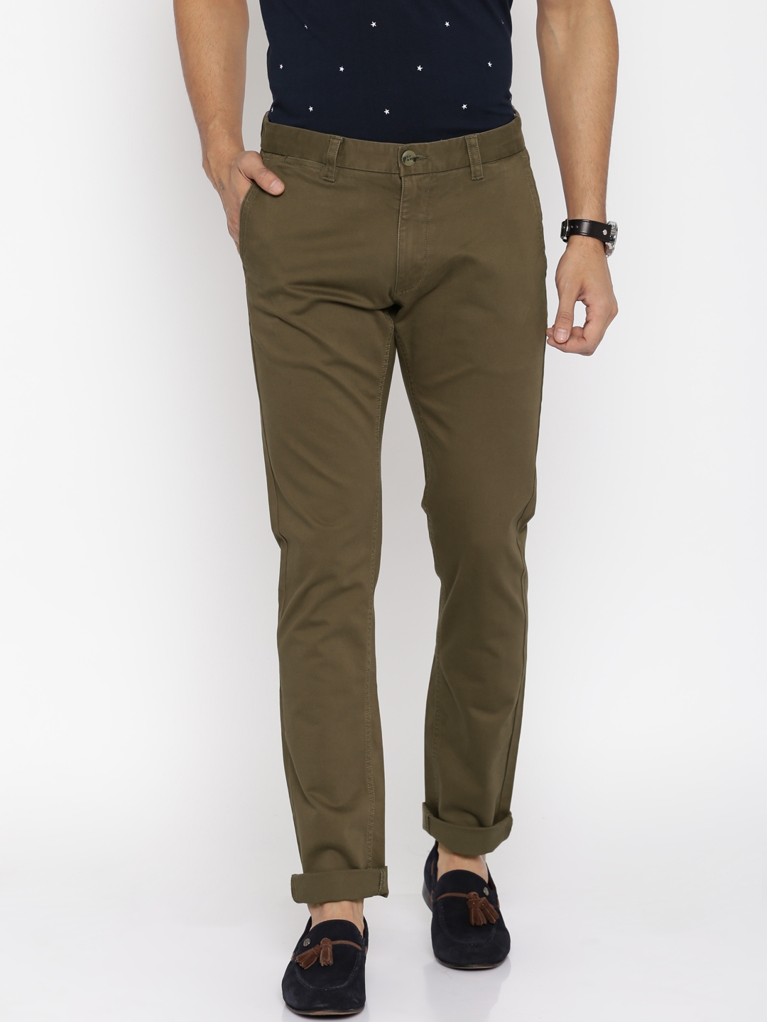 Buy U.S. Polo Assn. Men Olive Green Solid Slim Fit Chinos - Trousers ...