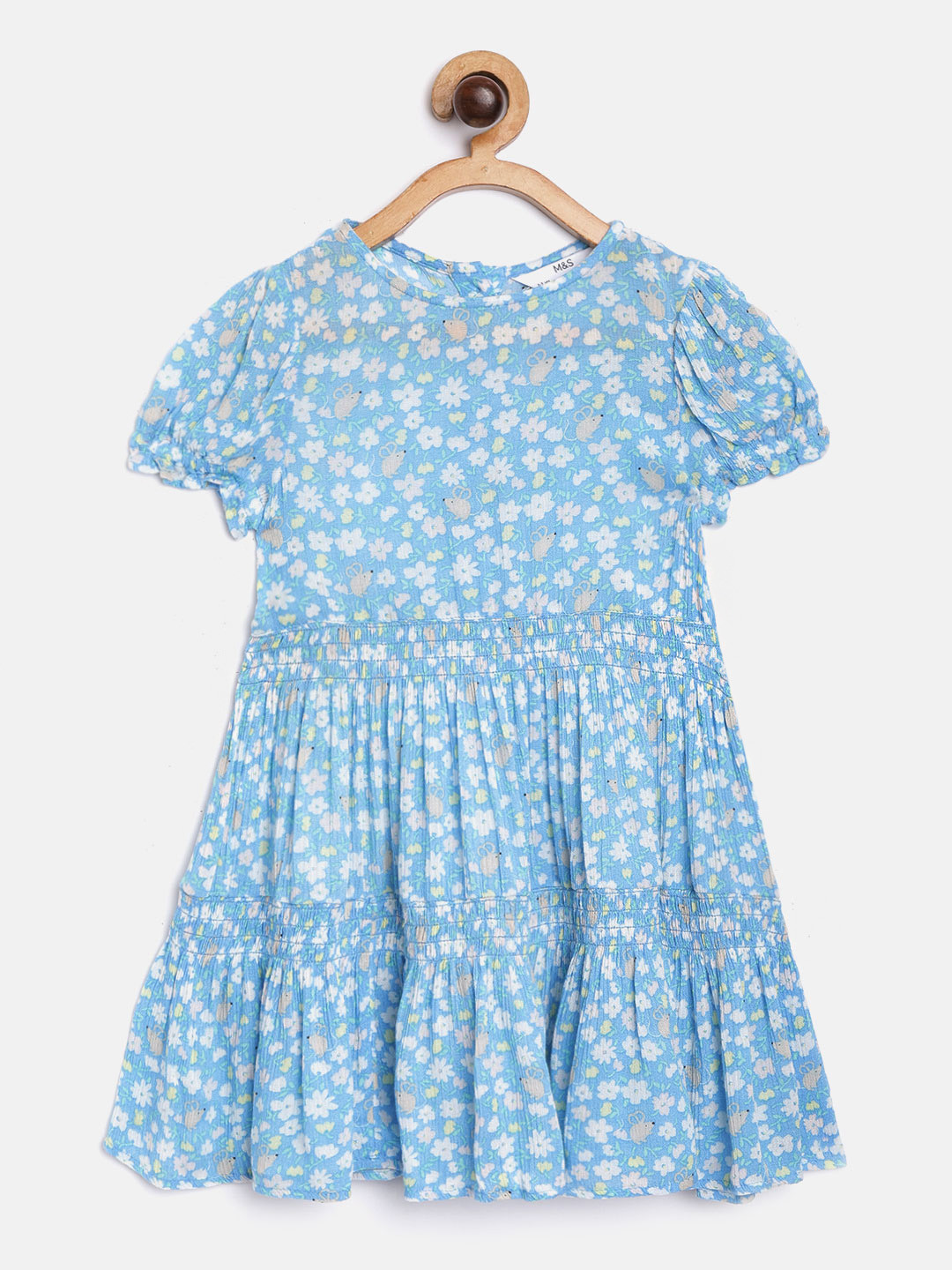 Buy Marks & Spencer Girls Blue & White Floral Print Tiered Fit & Flare Sustainable Dress
