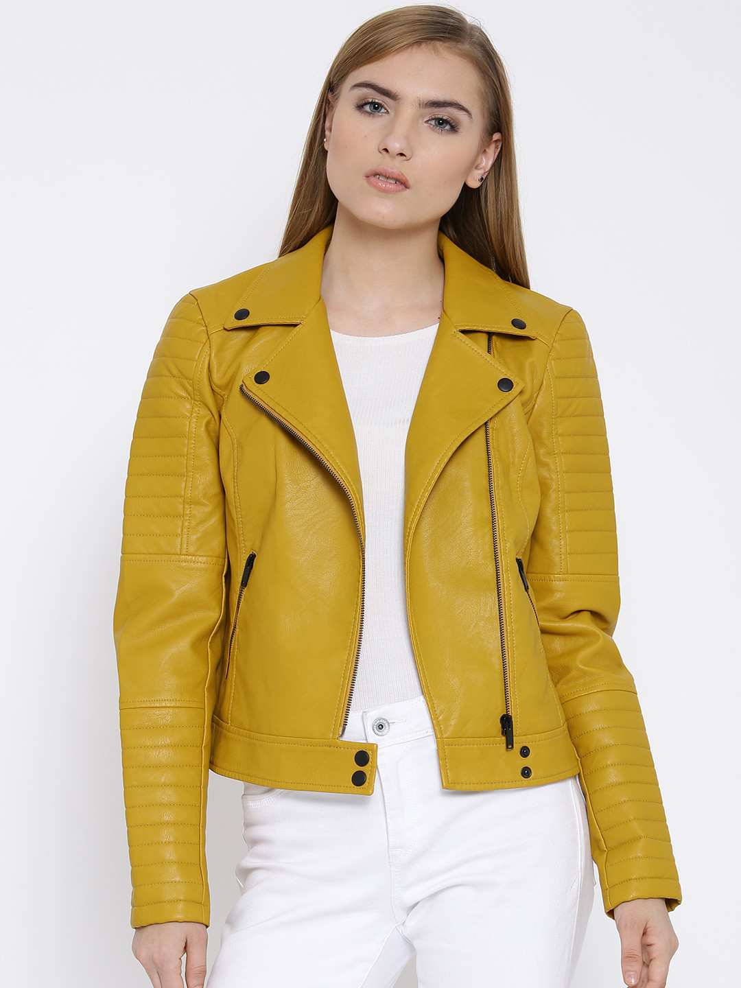 Buy Vero Moda Mustard Yellow Faux Leather Biker Jacket Jackets for