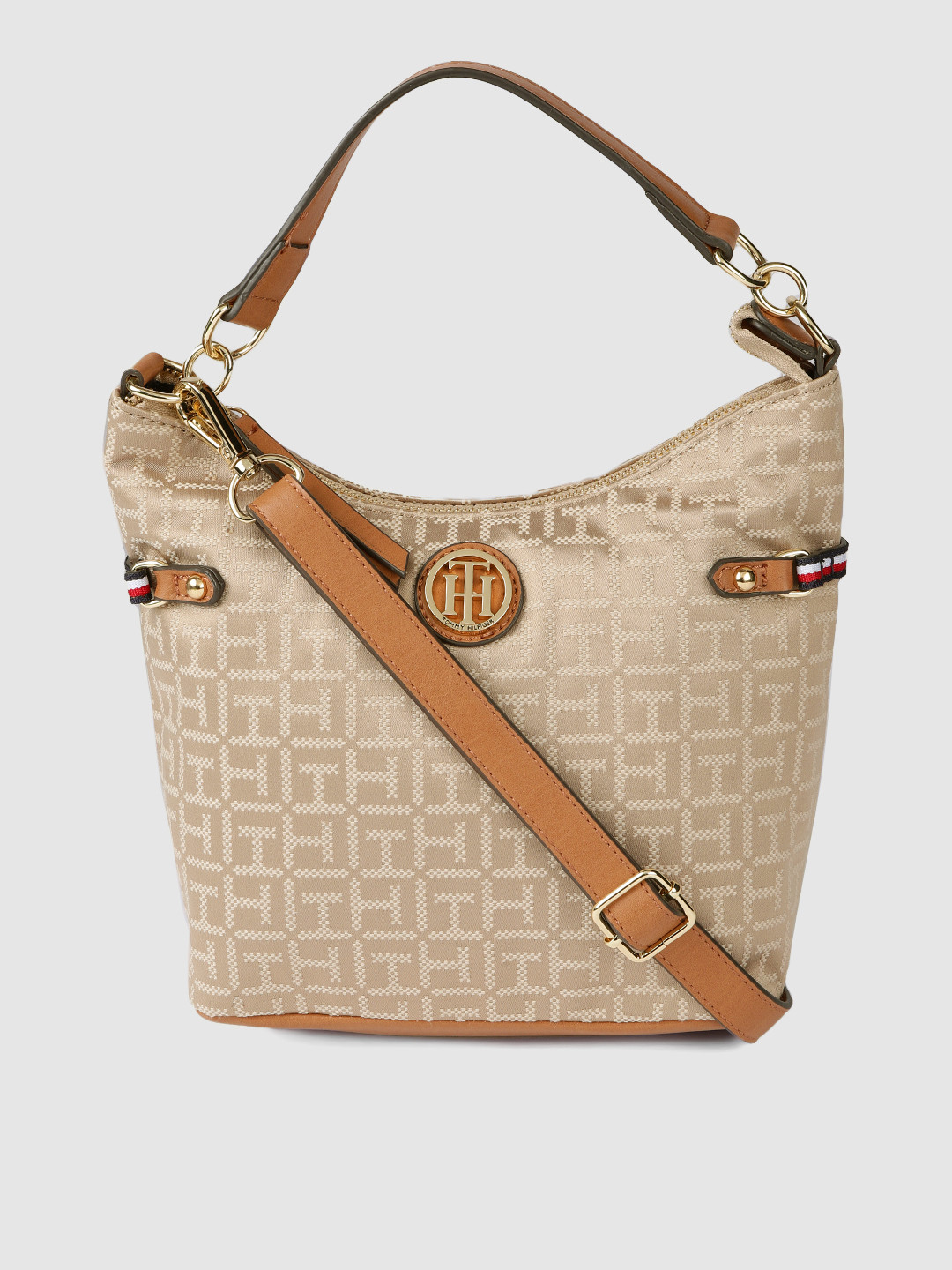 Buy Tommy Hilfiger Beige Typography Printed Structured Hobo Bag