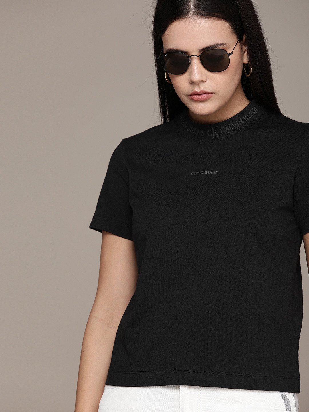 Buy Calvin Klein Jeans Women Black High Neck T Shirt With Printed