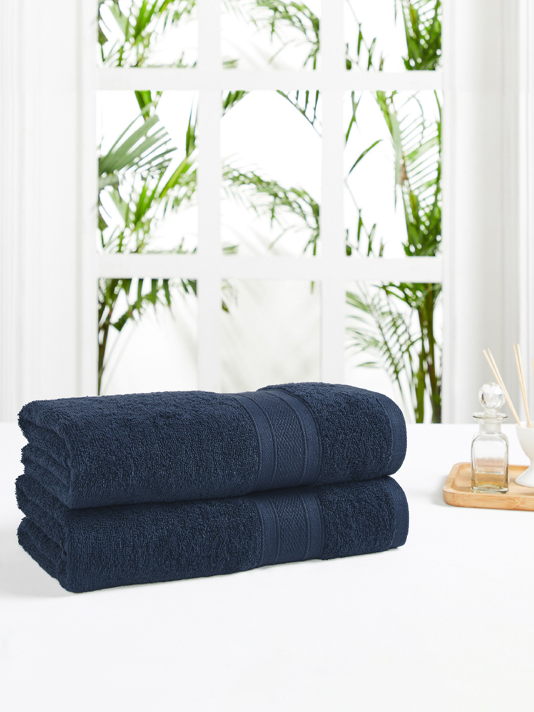 Buy MYTRIDENT Set Of 2 Navy Blue 500 GSM Striped Cotton Bath Towels ...