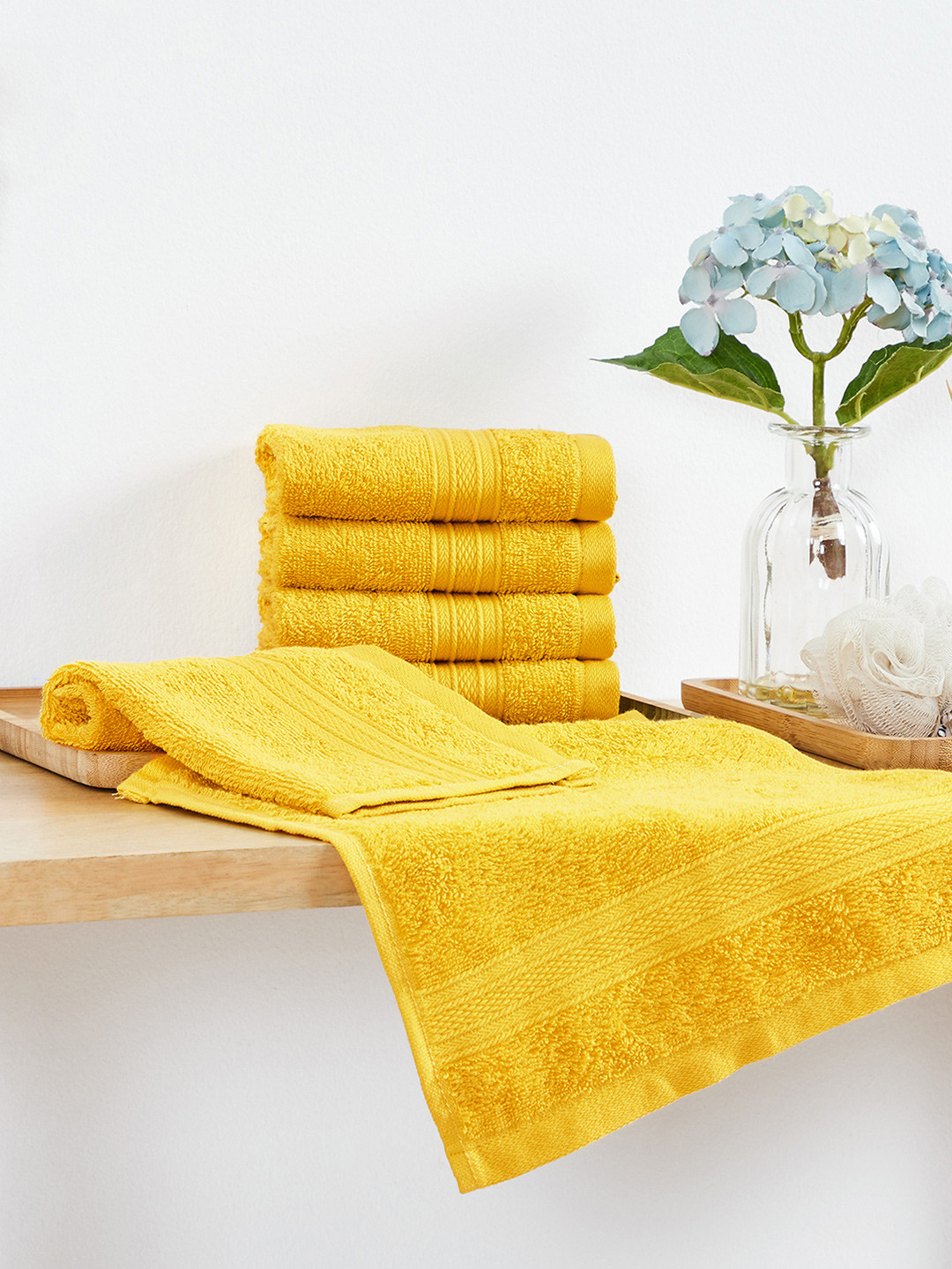 Buy MYTRIDENT Yellow Set Of 6 Solid Cotton 500 GSM Face Towels Face
