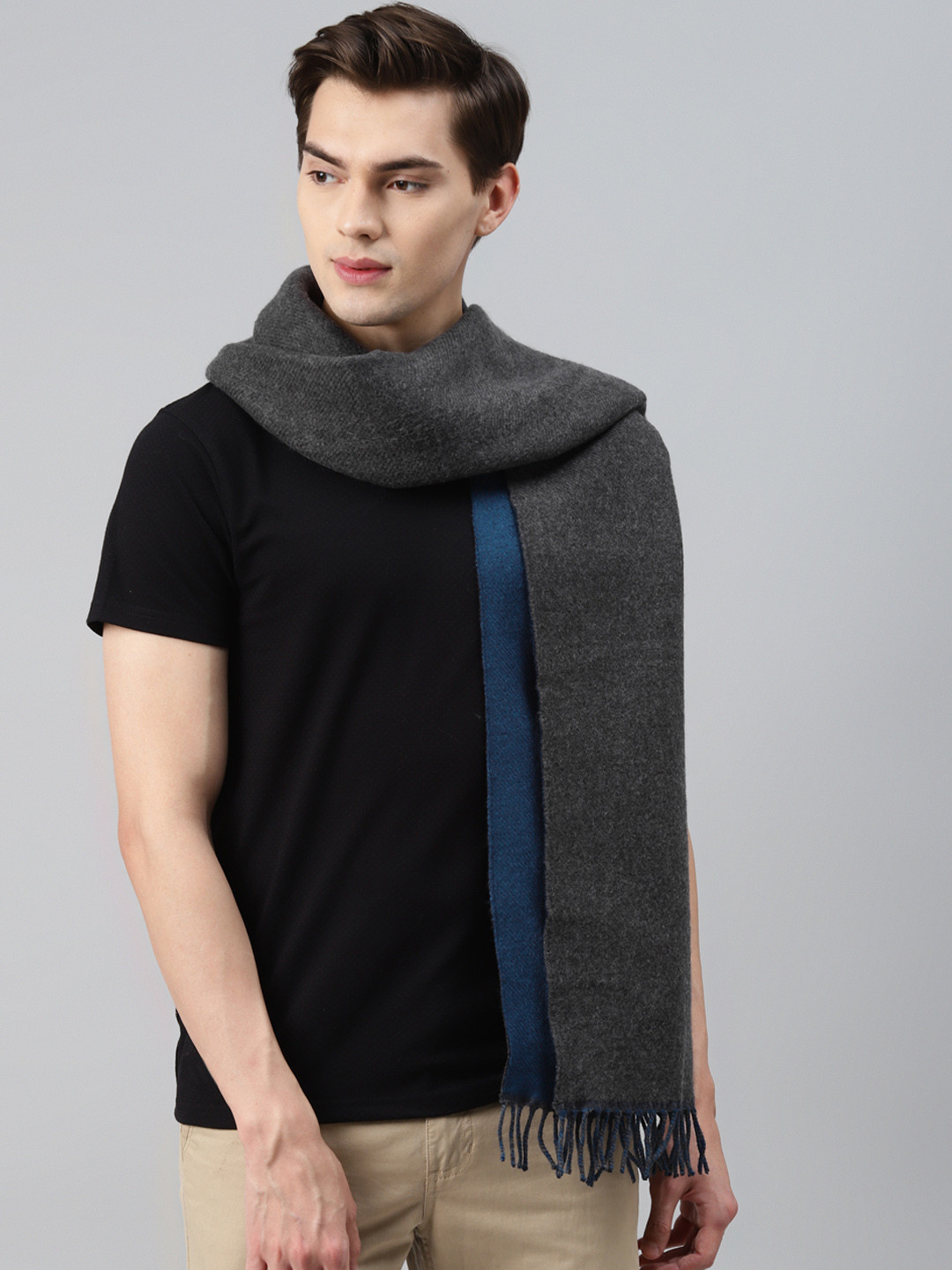 Buy Marks & Spencer Men Charcoal Grey & Blue Solid Reversible Scarf