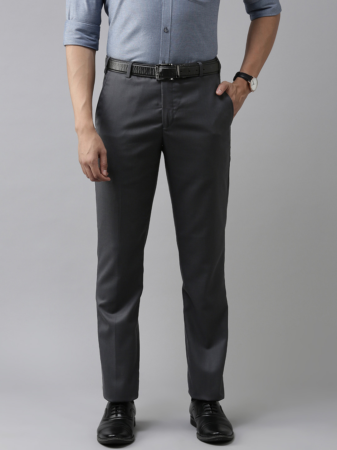 Buy Park Avenue Men Charcoal Grey Smart Fit Formal Trousers - Trousers ...