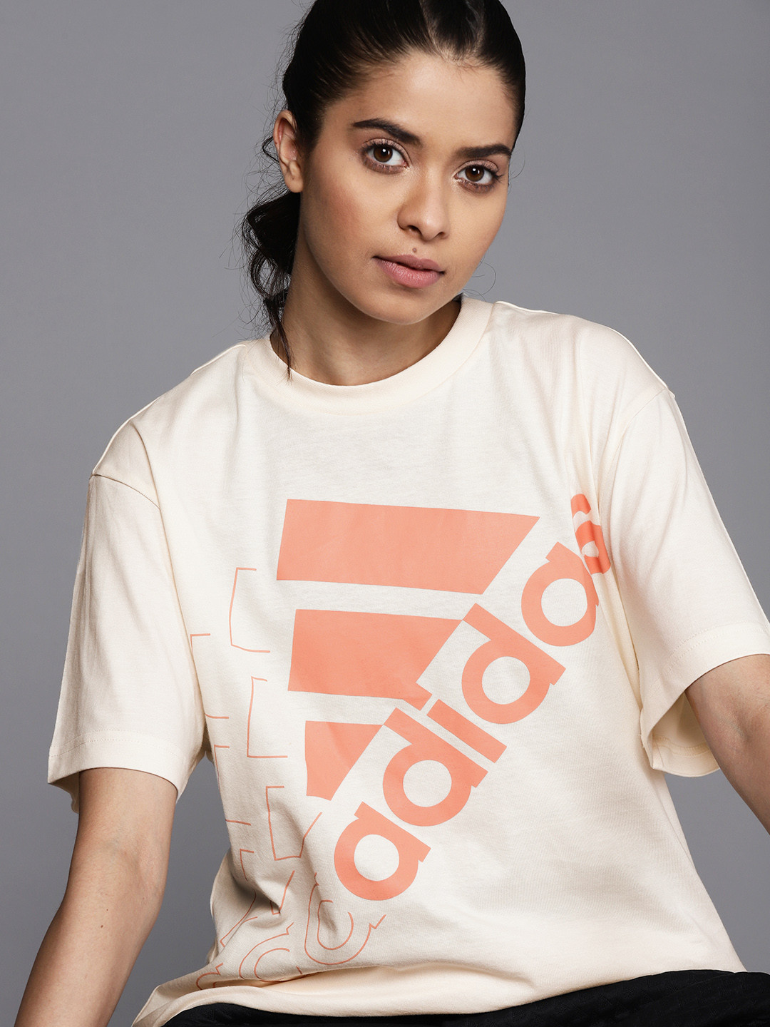 Buy ADIDAS Women Cream Coloured & Pink Pure Cotton Brand Logo Printed