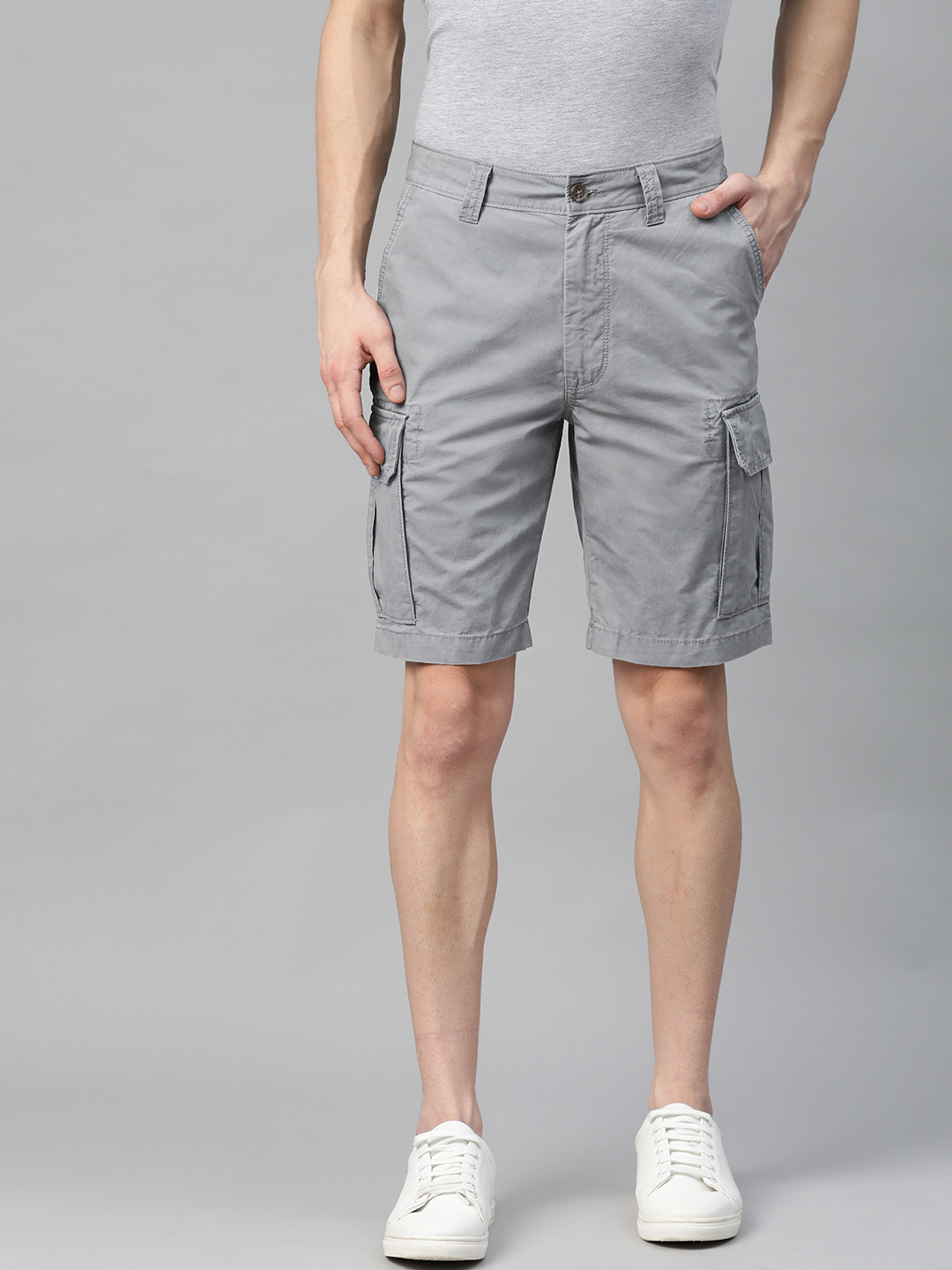 Buy Marks & Spencer Men Grey Pure Cotton Solid Mid Rise Cargo Shorts