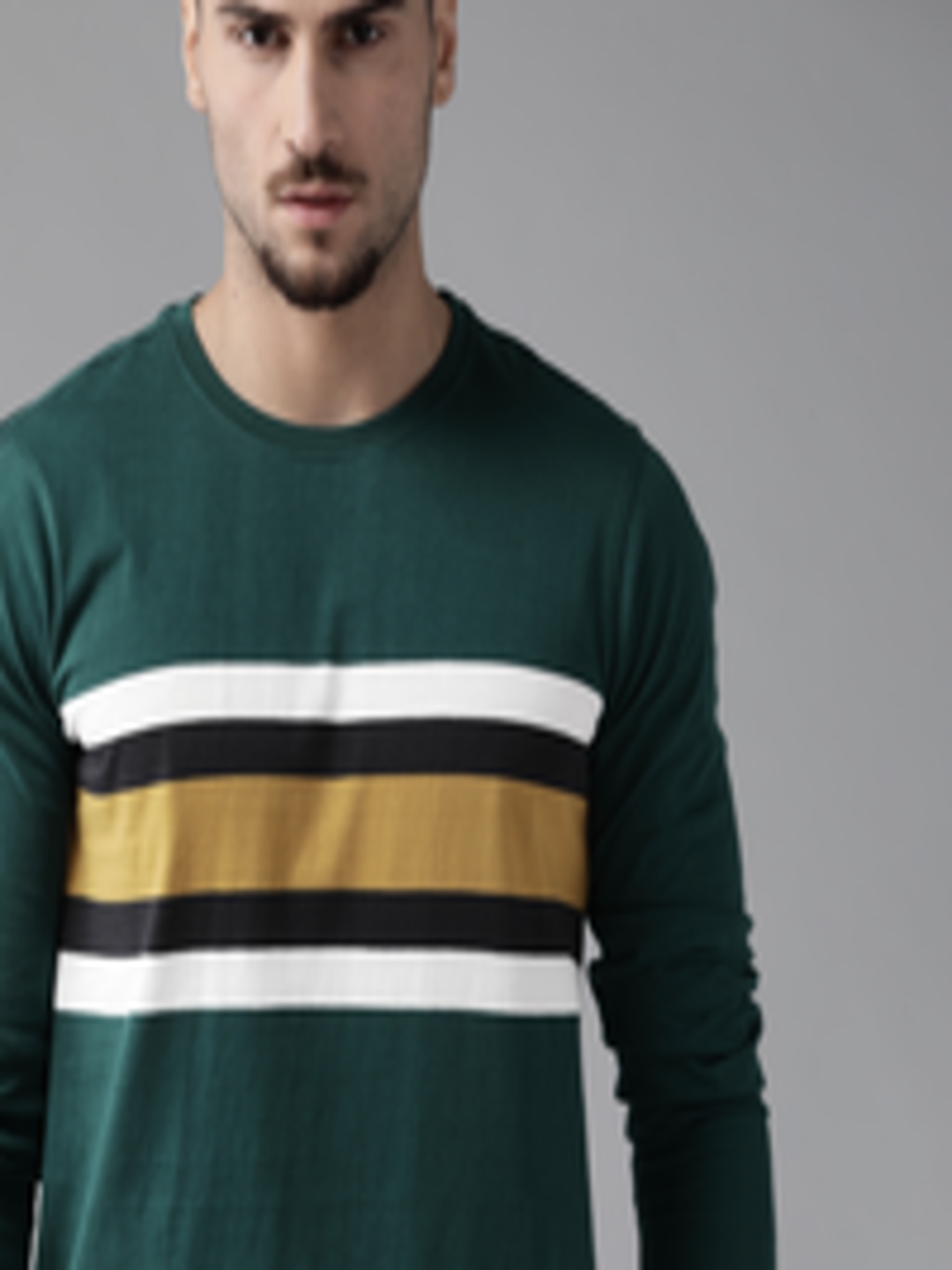 Buy Roadster Men Green & White Striped Cotton T Shirt - Tshirts for Men ...