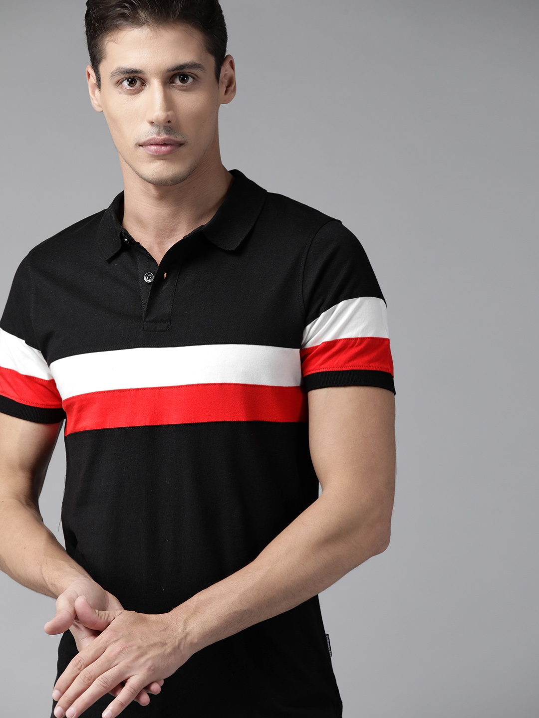 Buy Roadster Men Black Pure Cotton Striped Polo Collar T Shirt Tshirts For Men 14804012 Myntra 