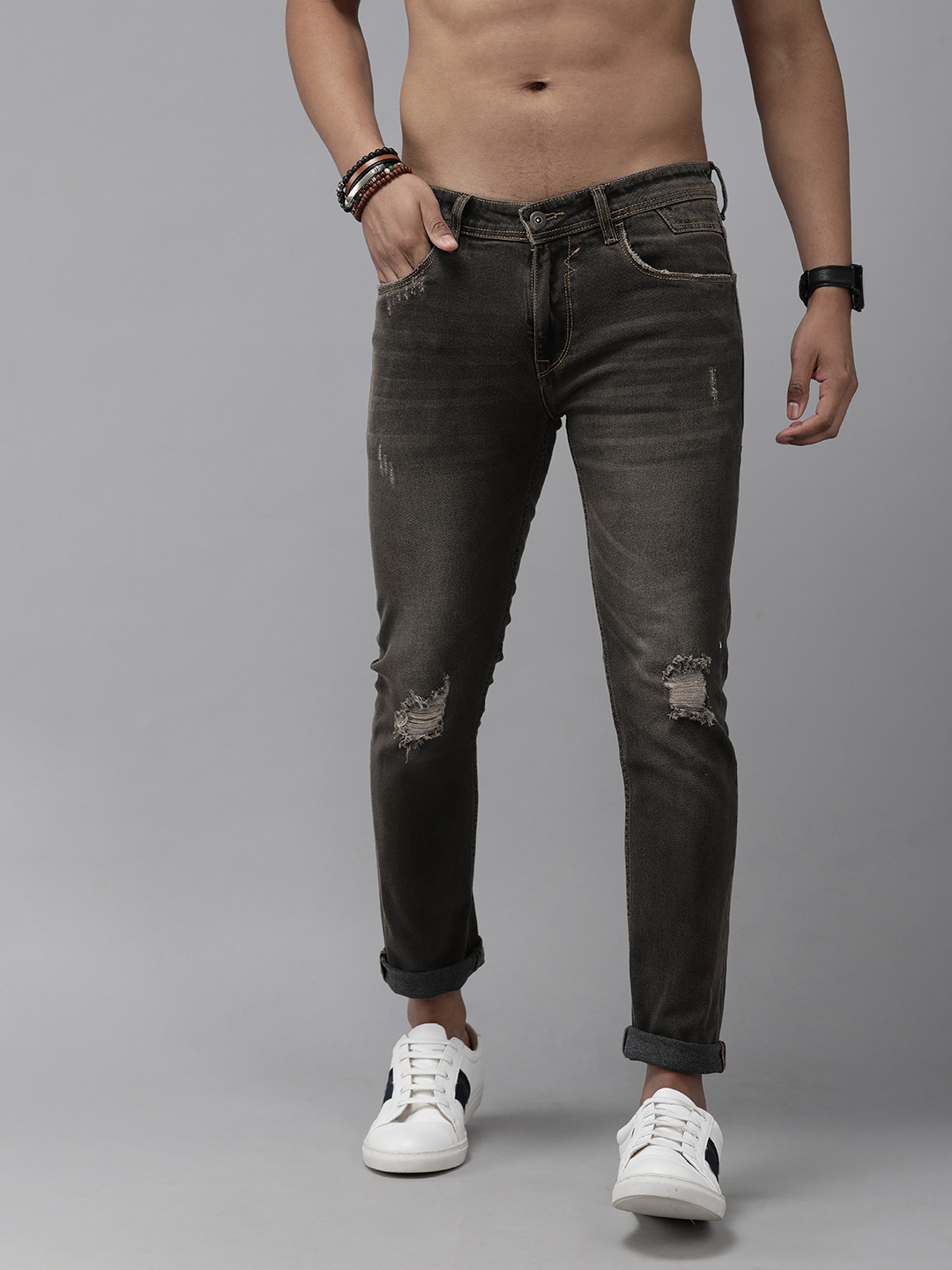 Buy Roadster Men Charcoal Skinny Fit Highly Distressed Light Fade