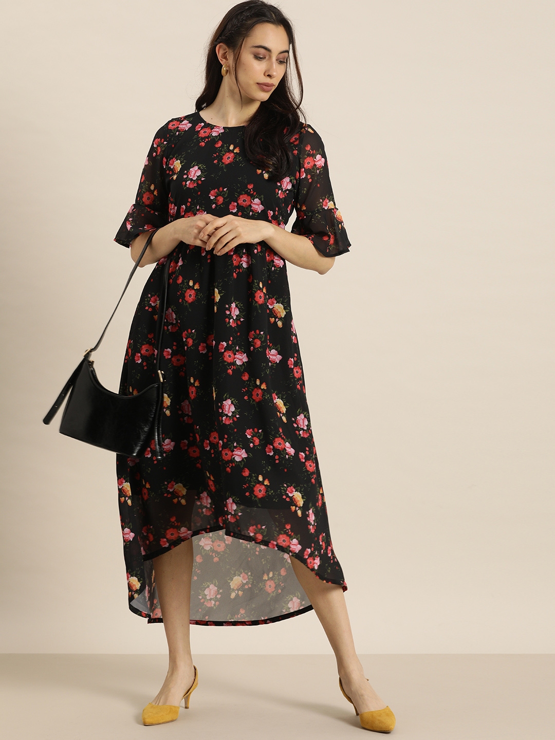 Buy Moda Rapido Black & Red Floral Printed A Line Midi Dress - Dresses ...