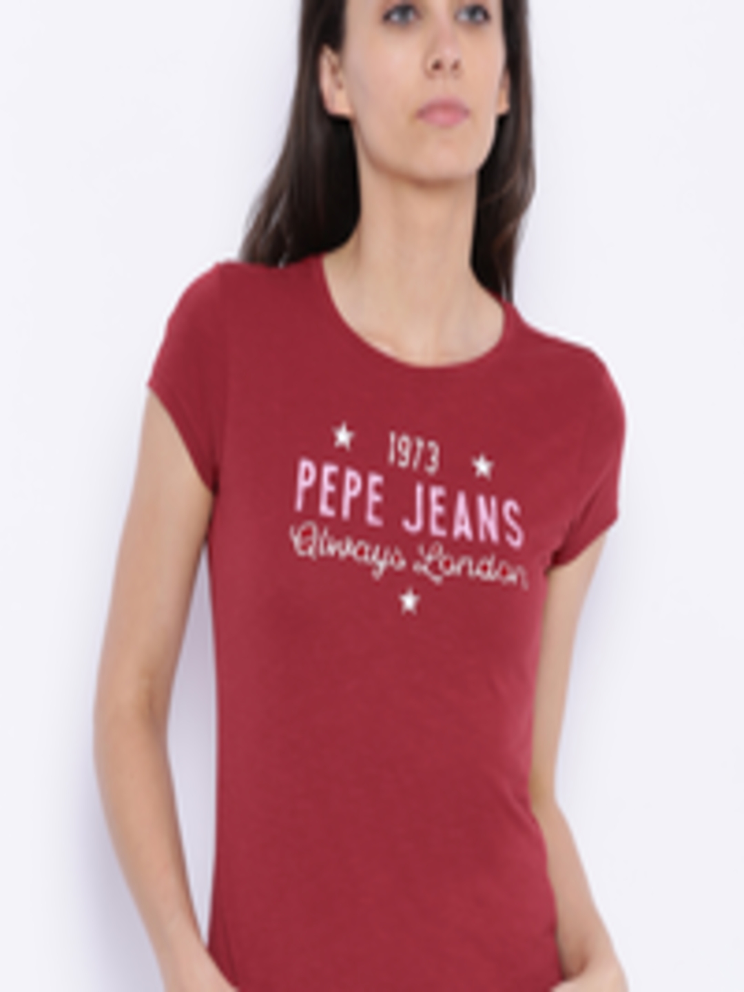 Buy Pepe Jeans Women Red Printed Round Neck Pure Cotton T Shirt ...