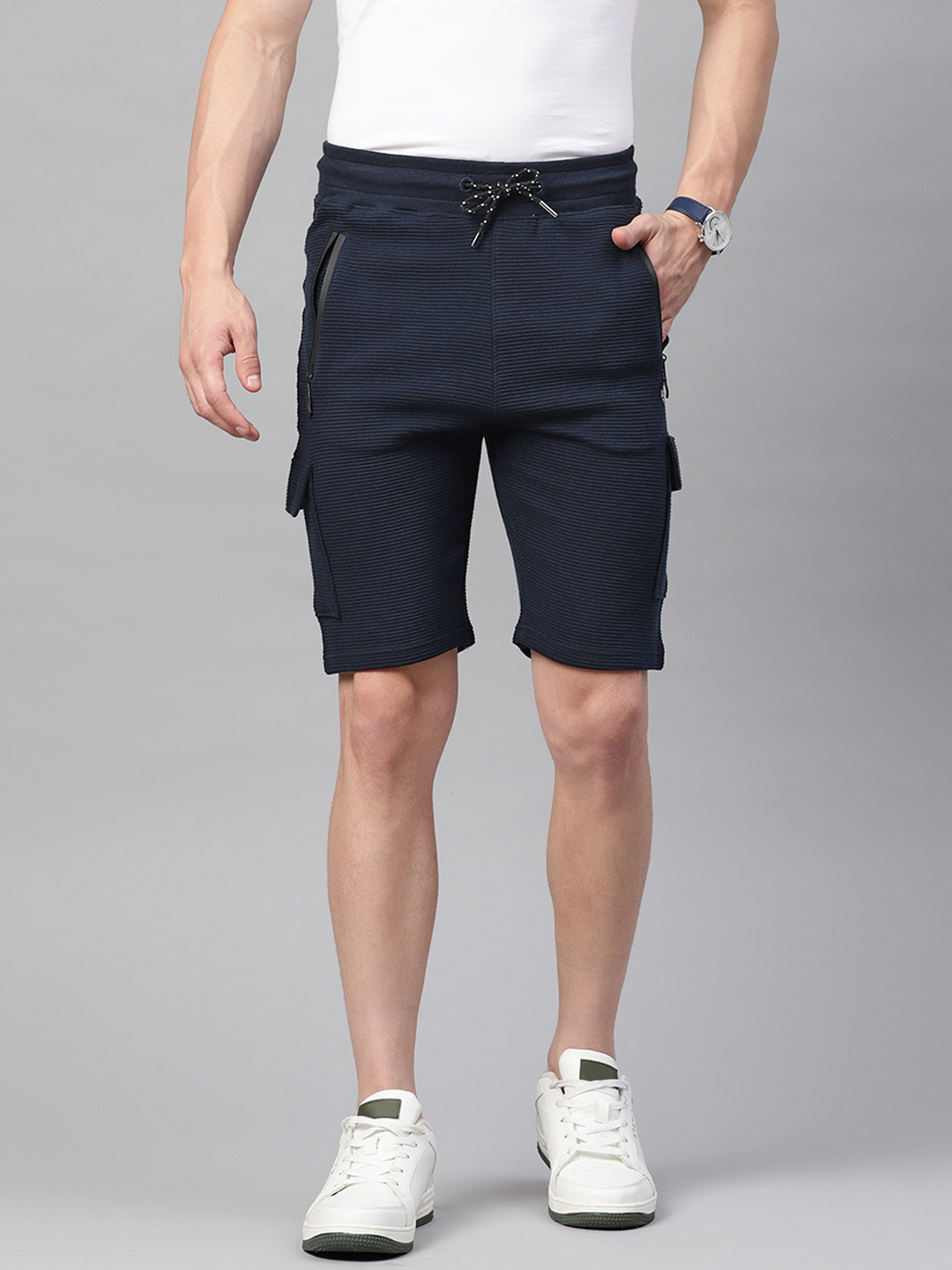 Buy ManQ CASUAL Men Navy Blue Slim Fit Ribbed Cotton Training Shorts