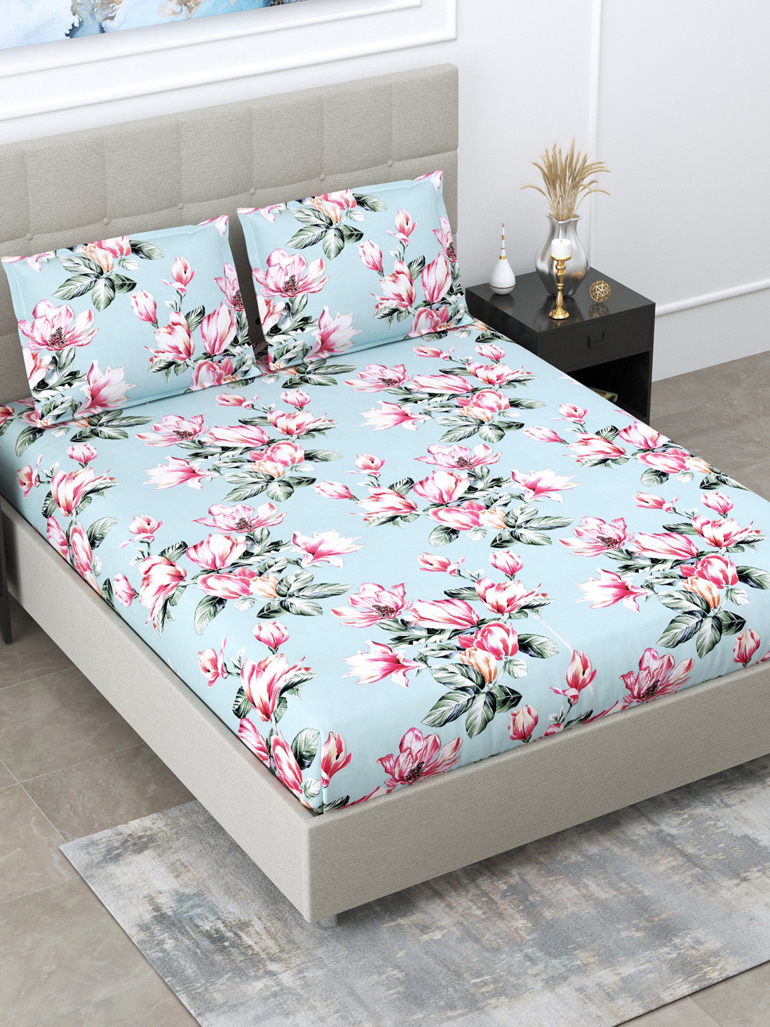 Buy DREAM WEAVERZ Blue & Pink Floral King Bedsheet With 2 Pillow Covers