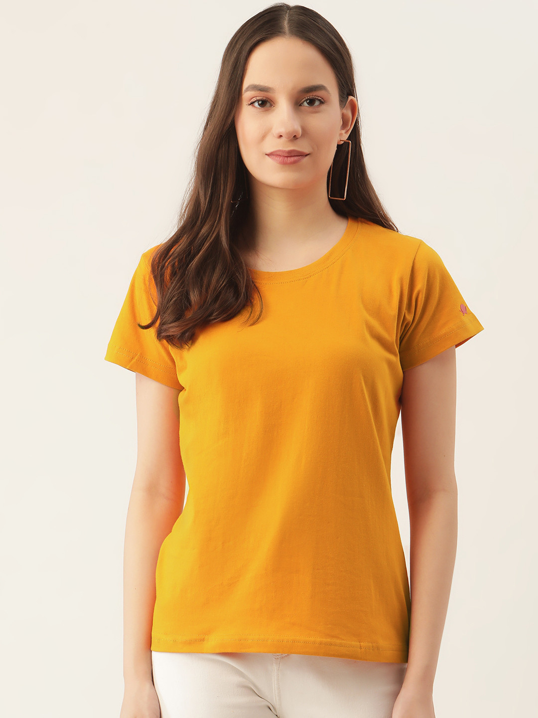 Buy PRINTOCTOPUS Women Mustard Yellow Pure Cotton Solid Pure Cotton T