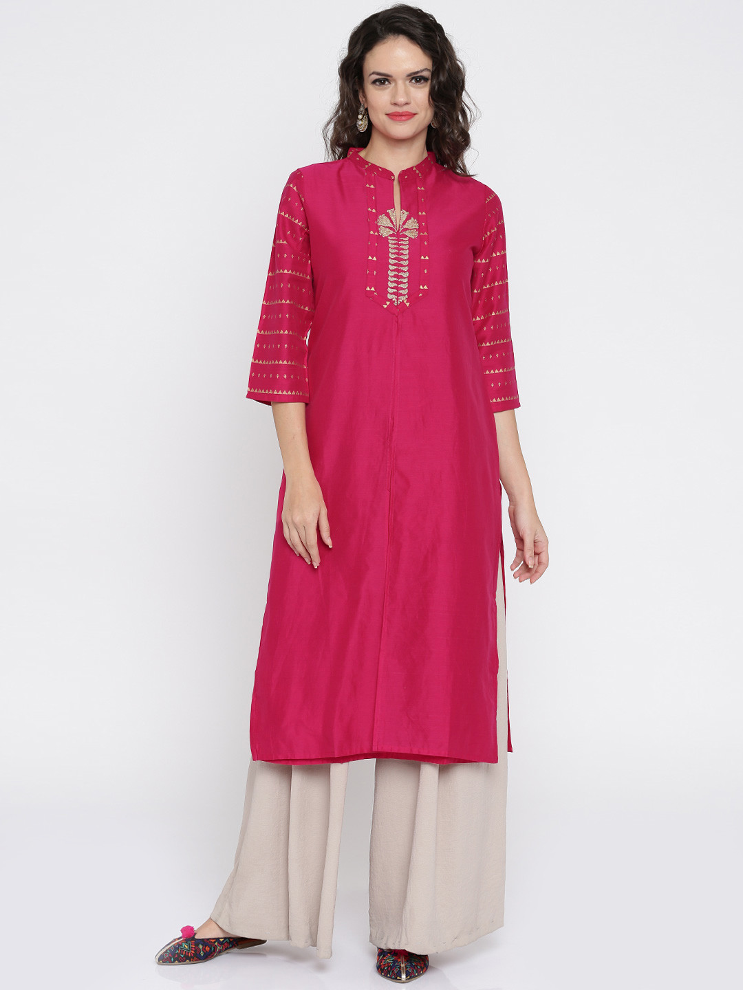 Buy Anouk Women Pink & Gold Toned Yoke Design Embroidered Straight Kurta Kurtas for Women