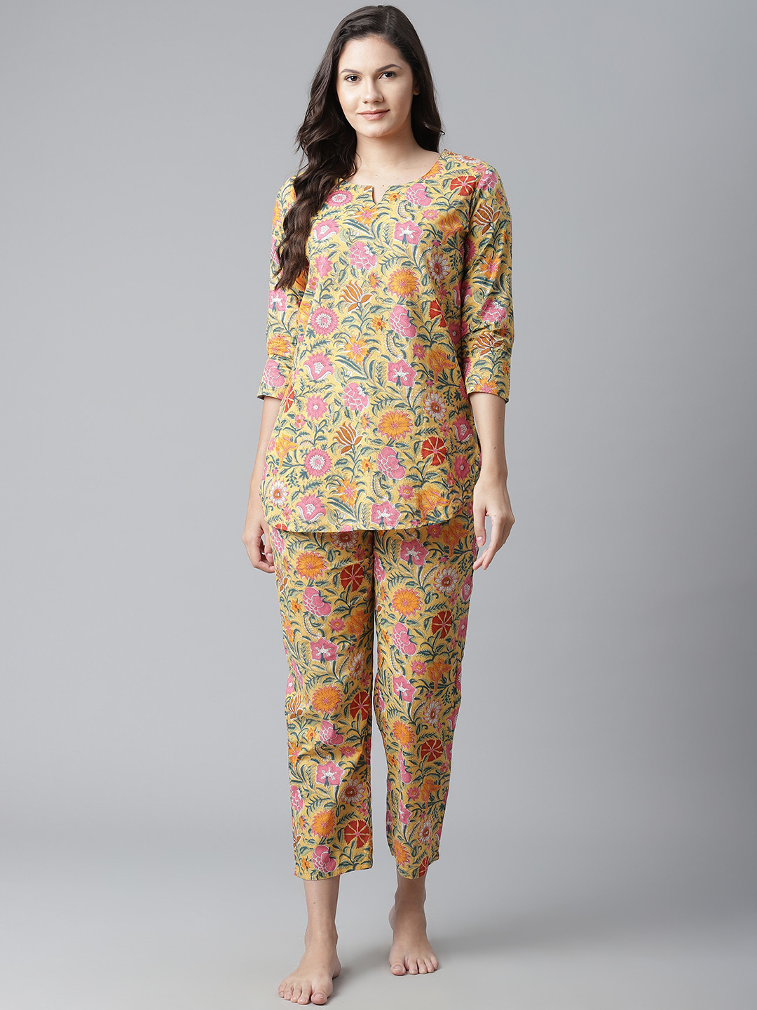 Buy Divena Women Yellow & Green Printed Cotton Night Suit Night Suits