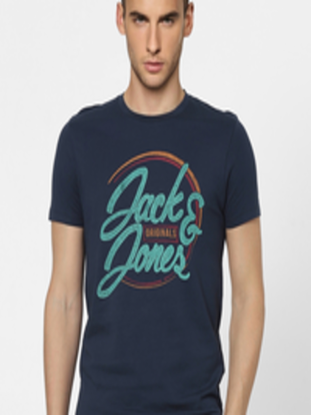 Buy Jack Jones Men Navy Blue Brand Logo Printed Pure Cotton T Shirt ...