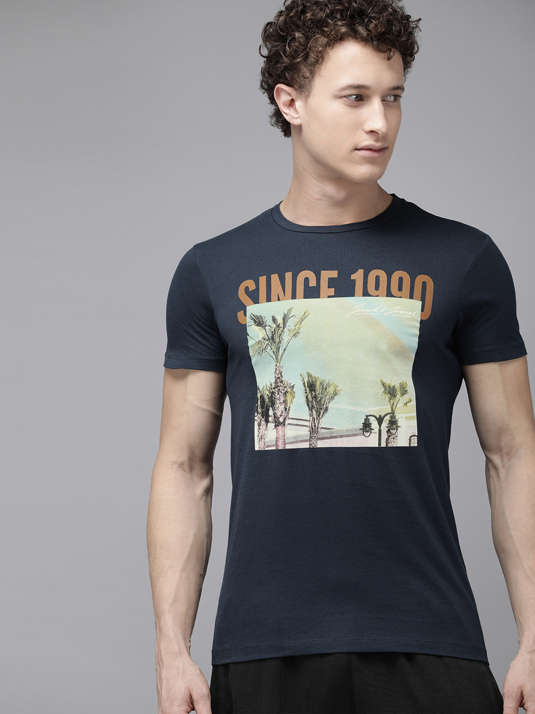 Buy Jack Jones Men Blue Printed Slim Fit Pure Cotton T Shirt Tshirts