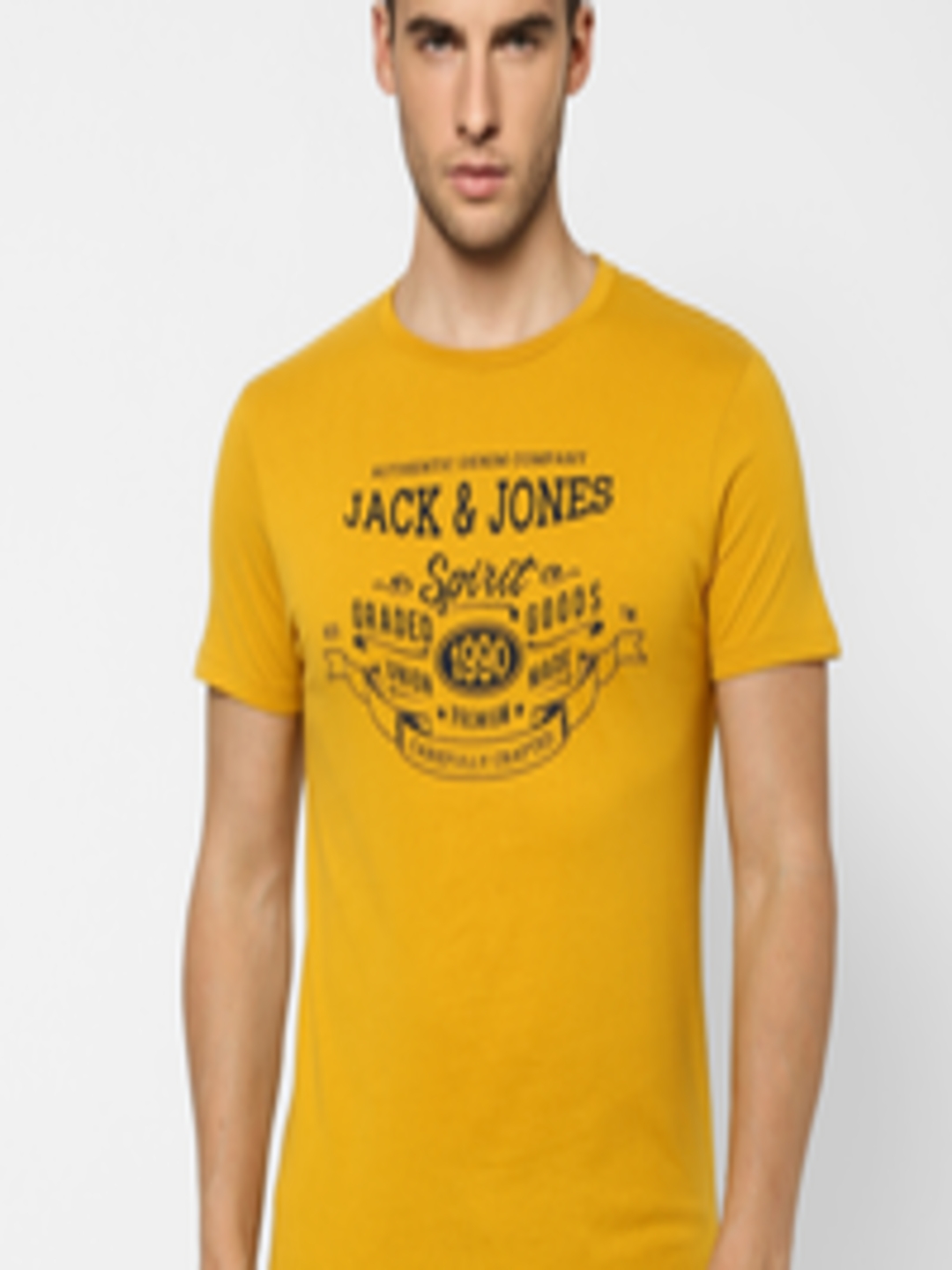 Buy Jack Jones Men Yellow Brand Logo Printed Slim Fit Pure Cotton T ...