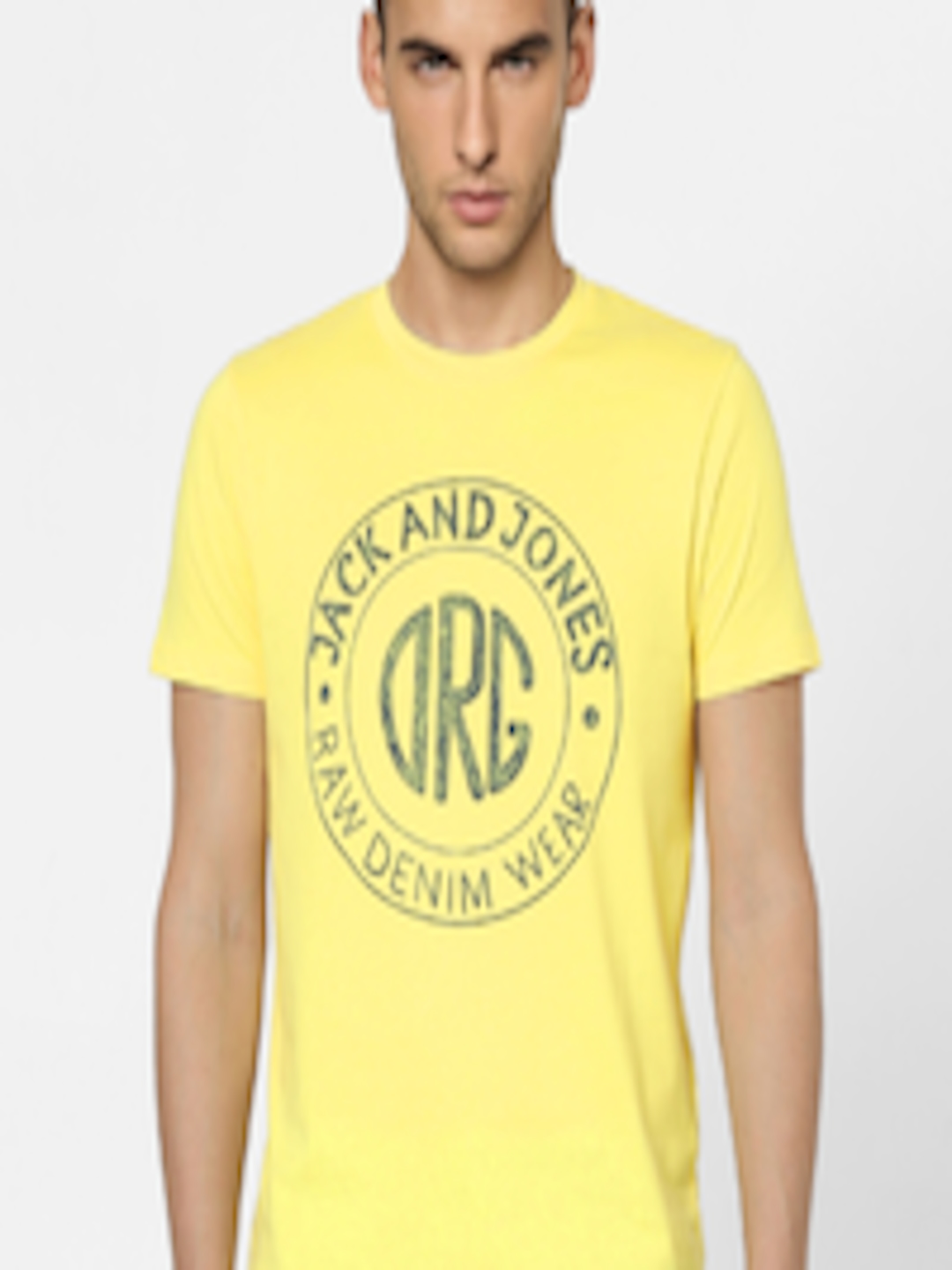 Buy Jack Jones Men Yellow Brand Logo Printed Pure Cotton T Shirt ...