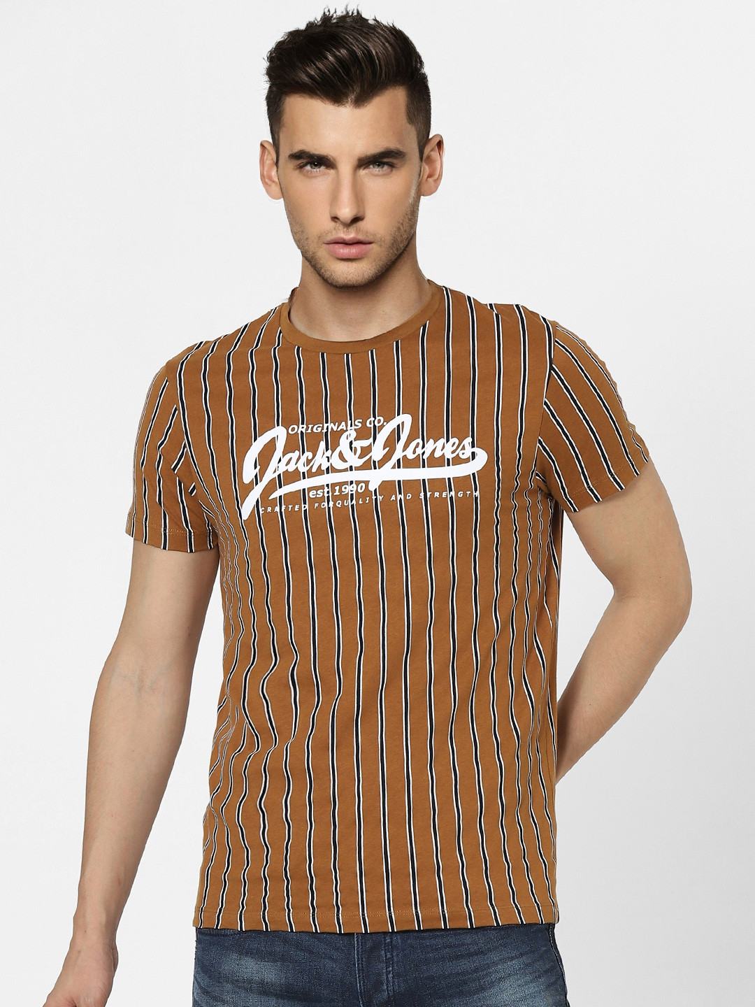 Buy Jack & Jones Men Brown & Black Striped Slim Fit Round Neck T Shirt
