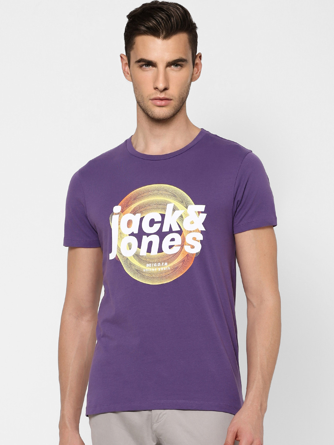 Buy Jack & Jones Men Purple Brand Logo Printed Slim Fit T Shirt