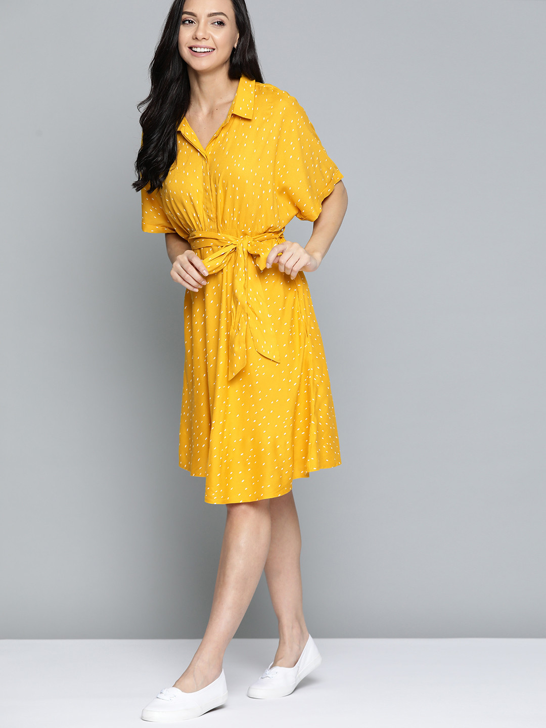 Buy Mast & Harbour Mustard Yellow & White Geometric Print A Line Dress