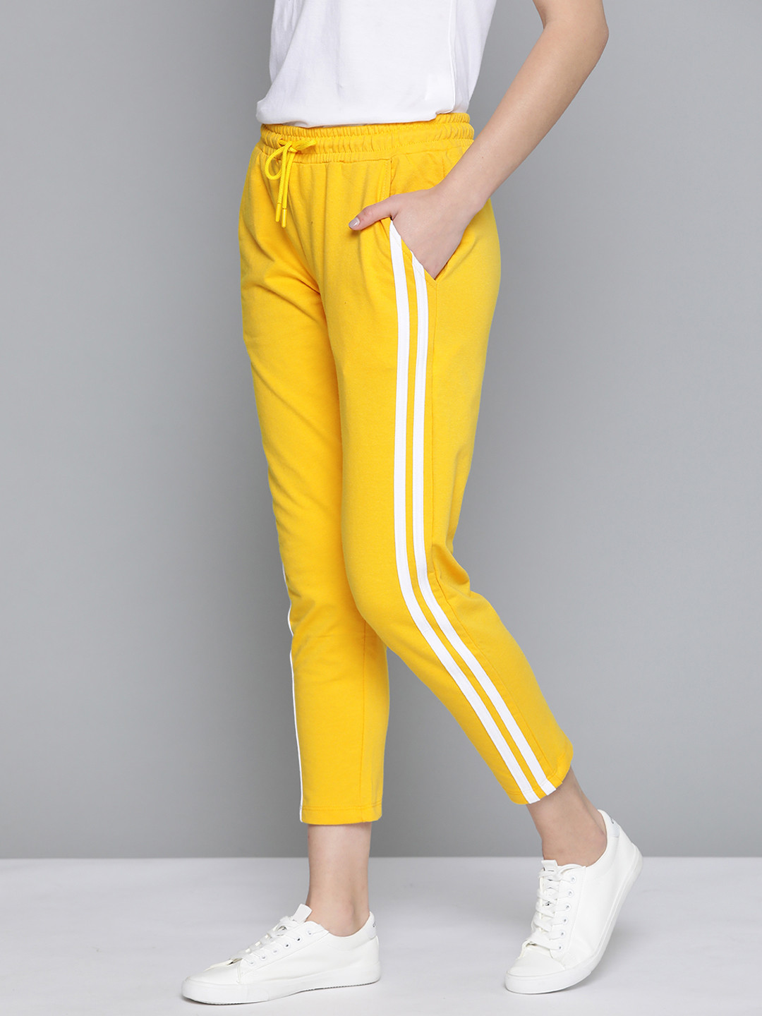 Buy Mast & Harbour Women Yellow Striped Detail Cropped Track Pants