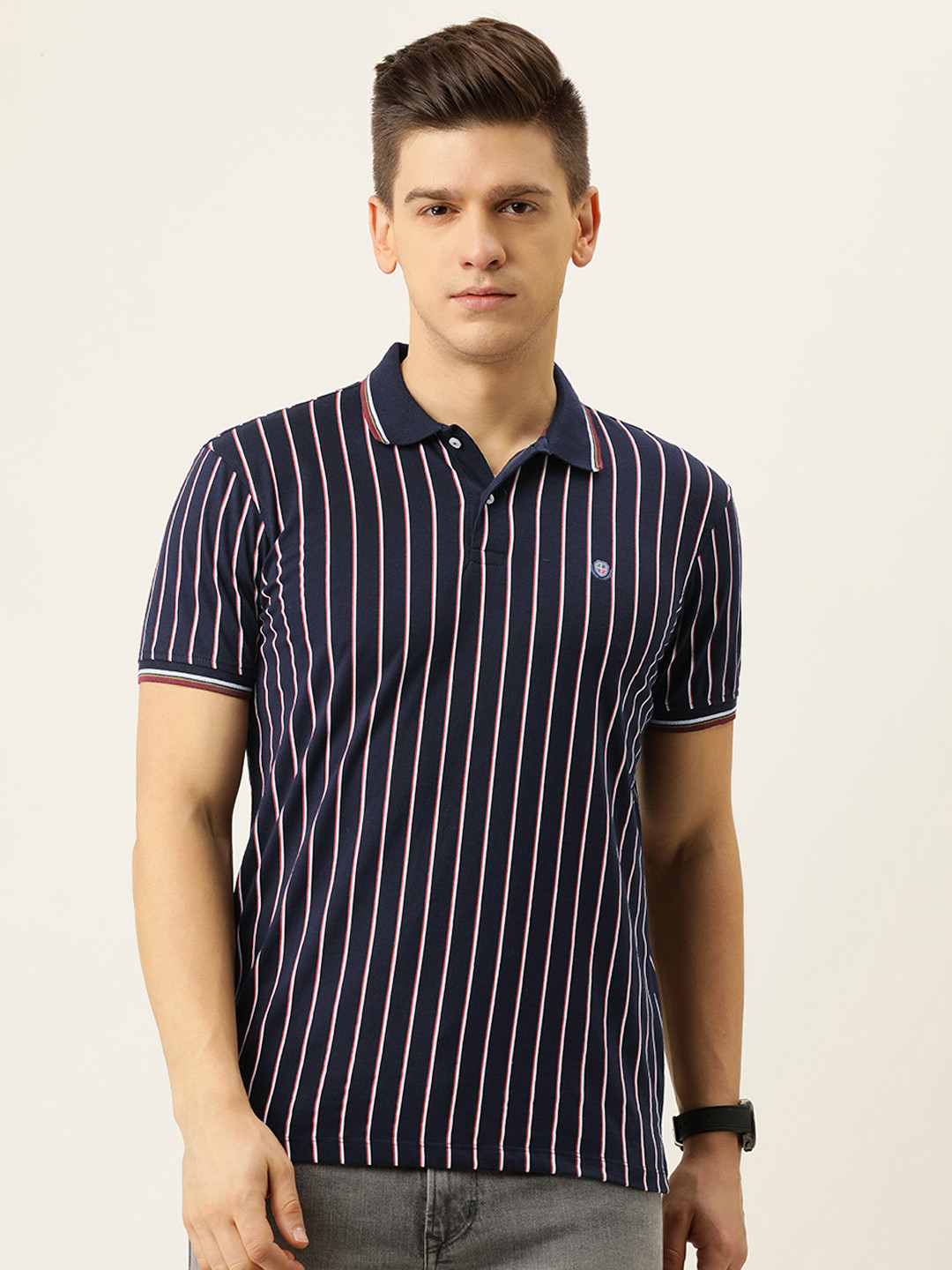 Buy PETER ENGLAND UNIVERSITY Men Navy Blue & White Striped Polo Collar T Shirt Tshirts for Men