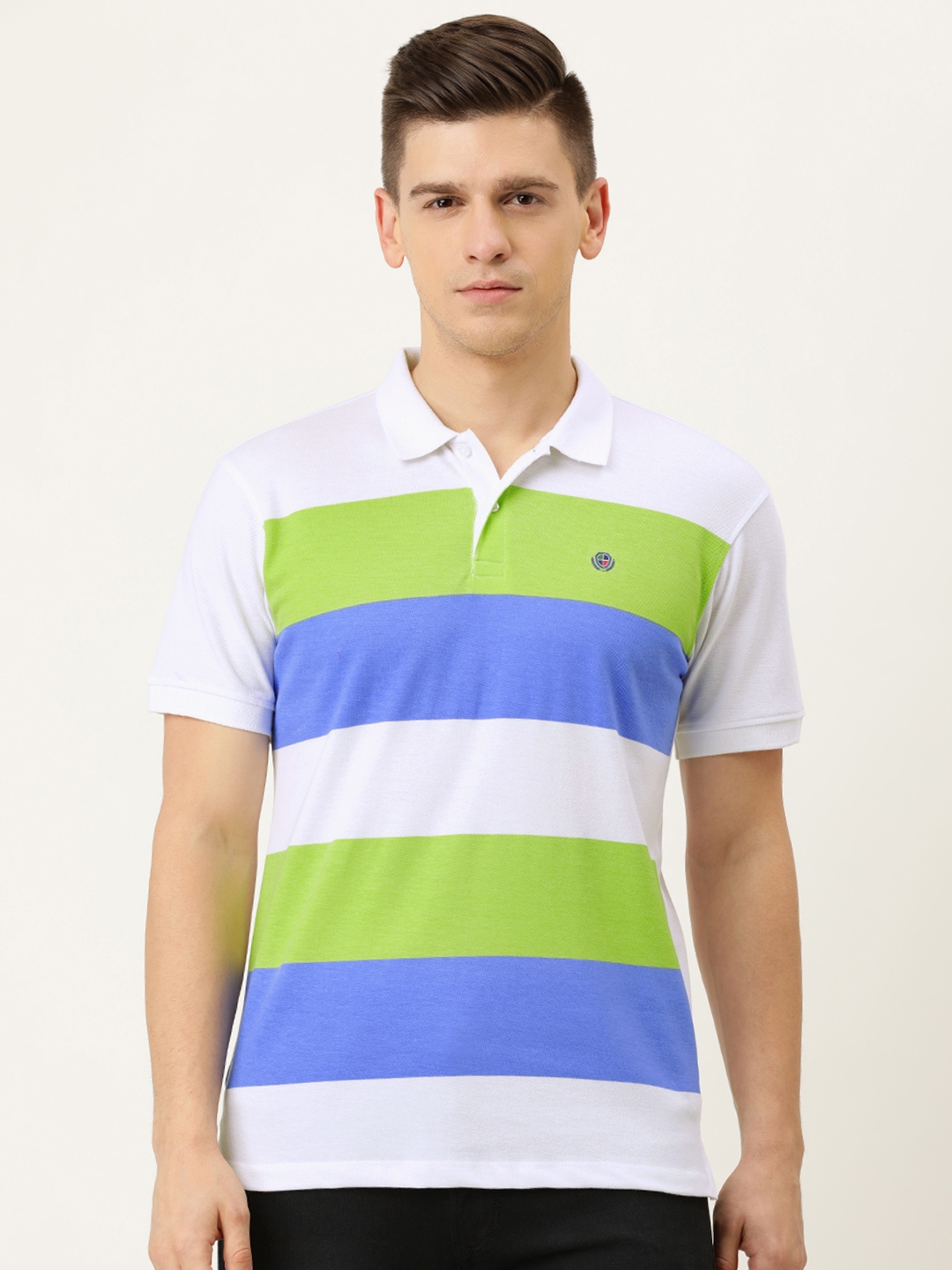 Buy PETER ENGLAND UNIVERSITY Men White & Green Striped Polo Collar Slim