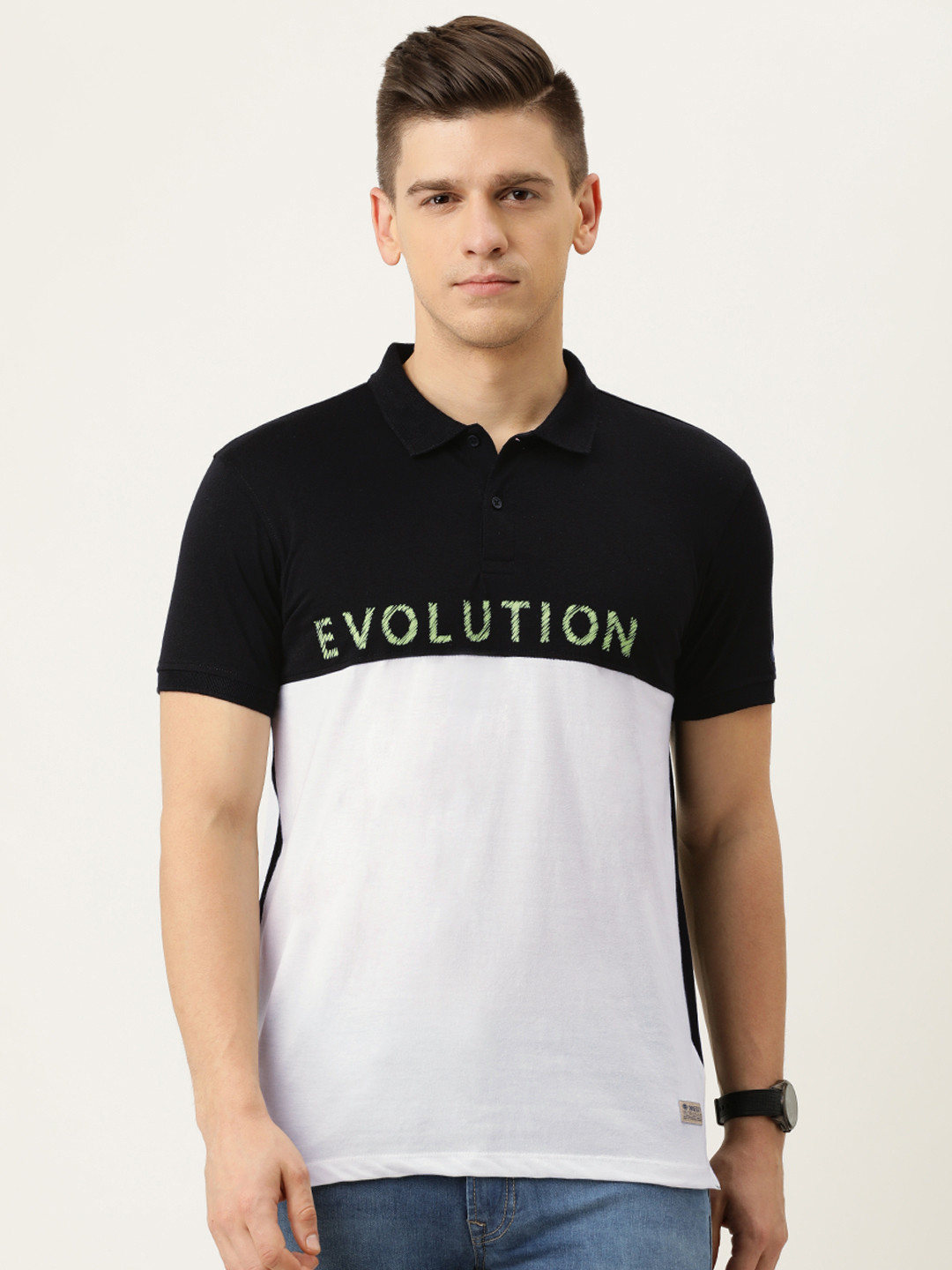 Buy PETER ENGLAND UNIVERSITY Men Black & White Colourblocked Polo Collar Slim Fit T Shirt