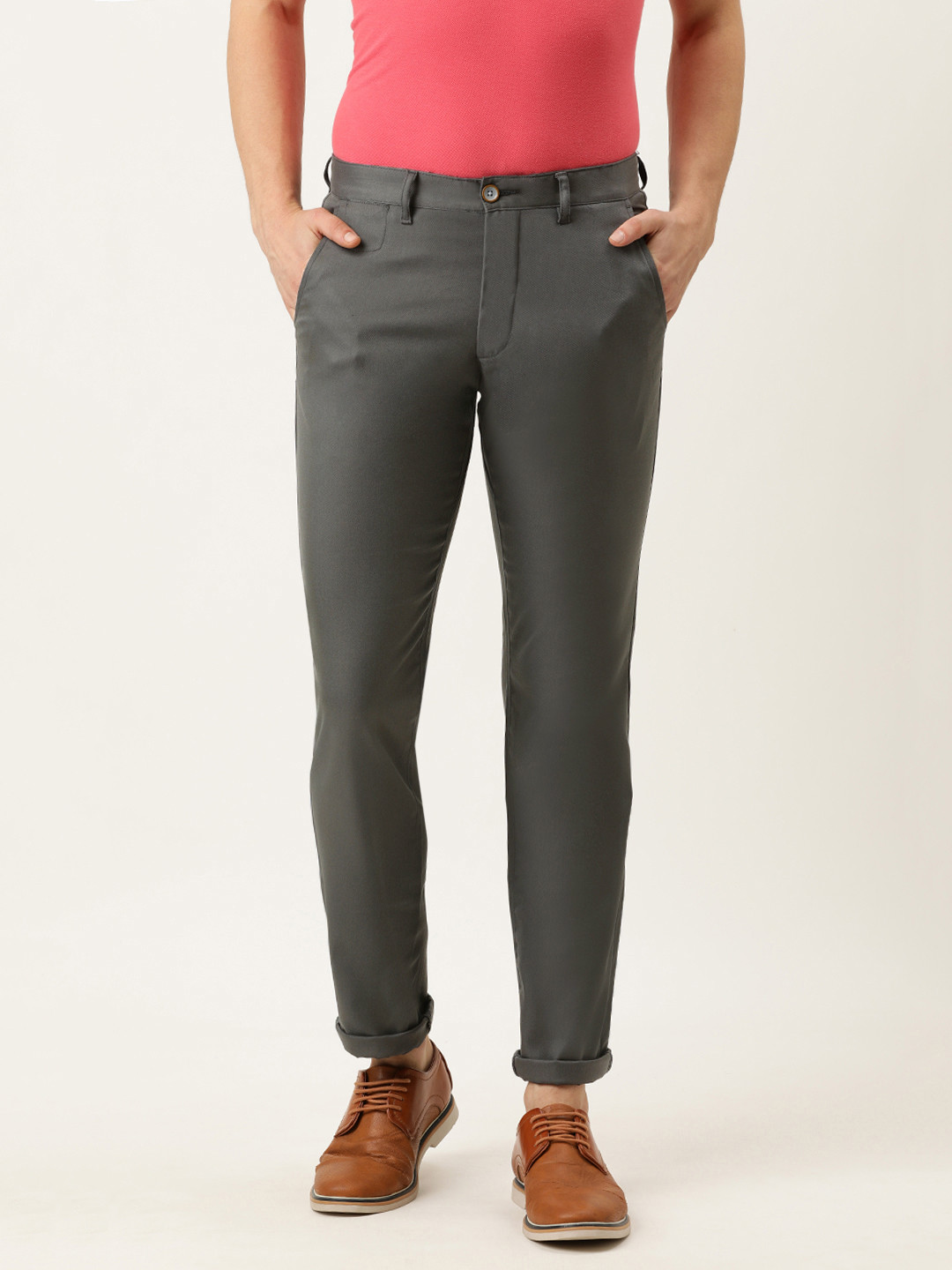 Buy PETER ENGLAND UNIVERSITY Men Charcoal Grey Slim Fit Trousers