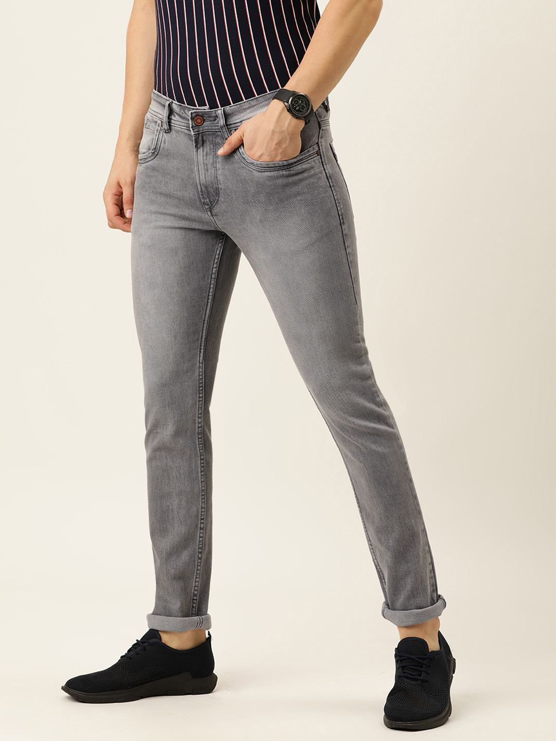 Buy PETER ENGLAND UNIVERSITY Men Grey Slim Fit Light Fade Stretchable