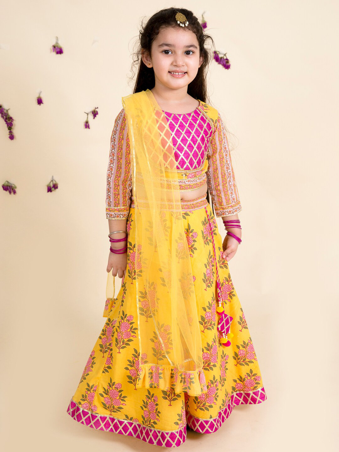 Girls Yellow Green Ready To Wear Cotton Lehenga Blouse With Dupatta