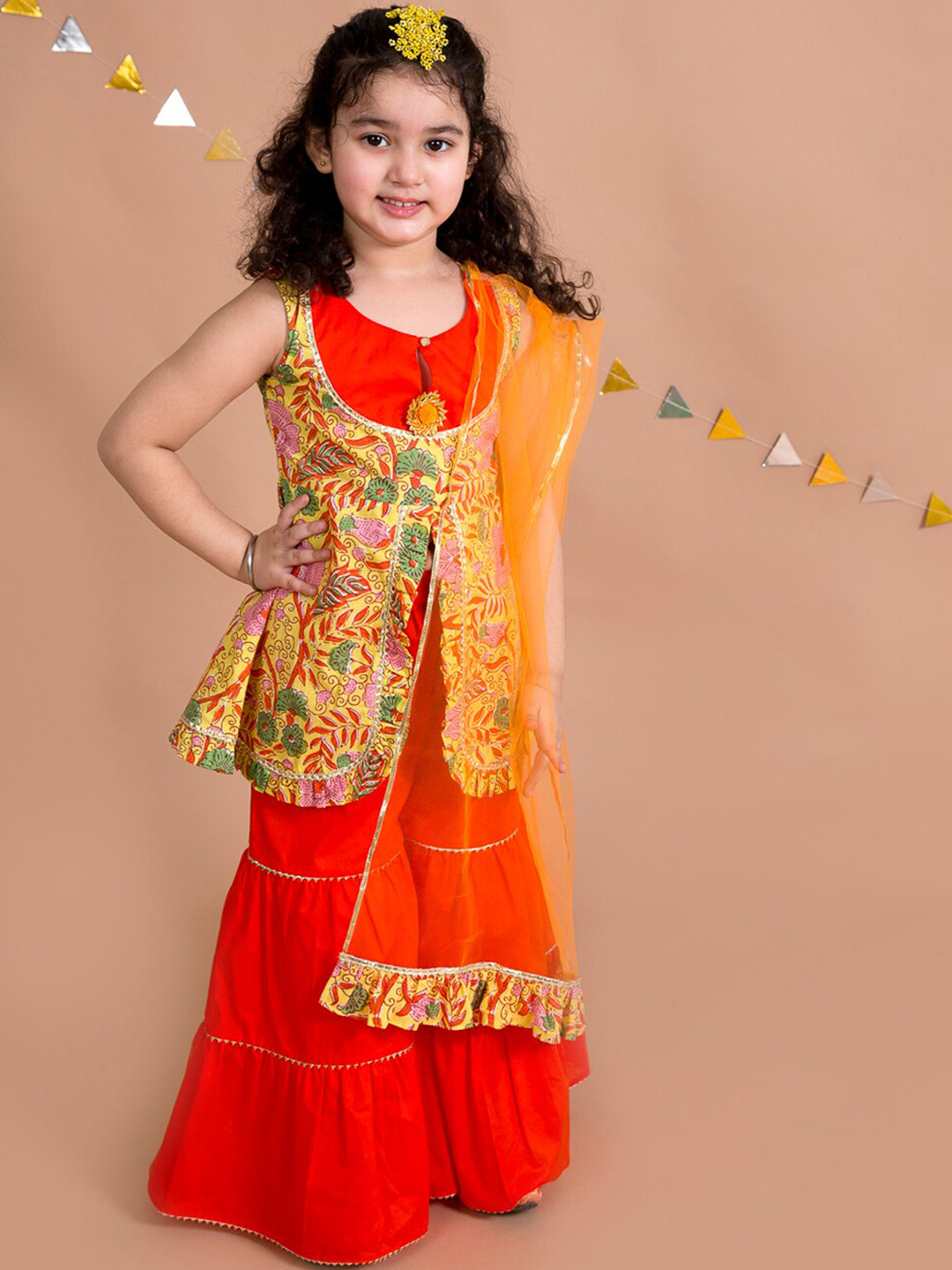 Girls Yellow & Pink Embroidered Floral Printed Kurti With Palazzos